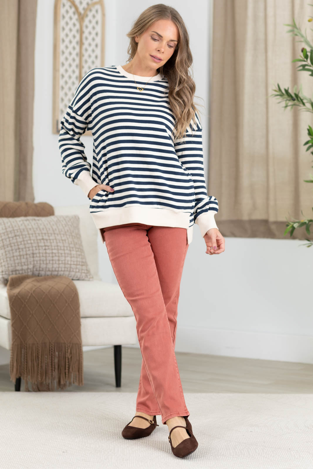 Stripe Fleece High Low Hem Cut Sweatshirt