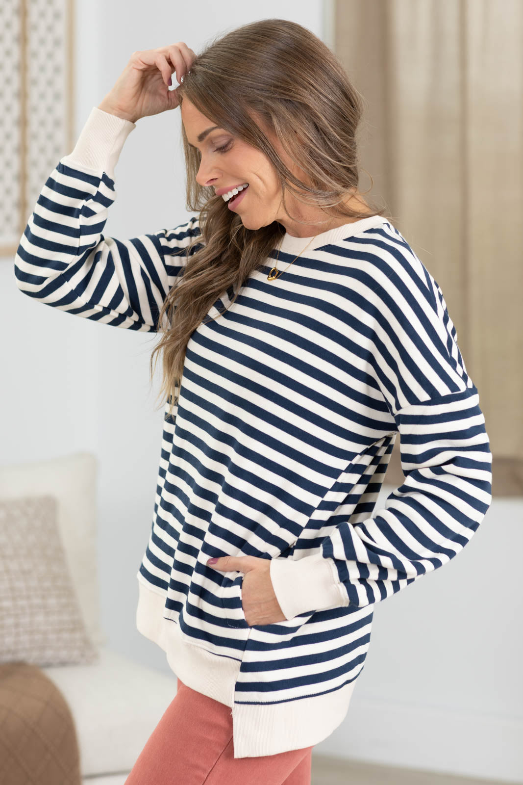 Stripe Fleece High Low Hem Cut Sweatshirt