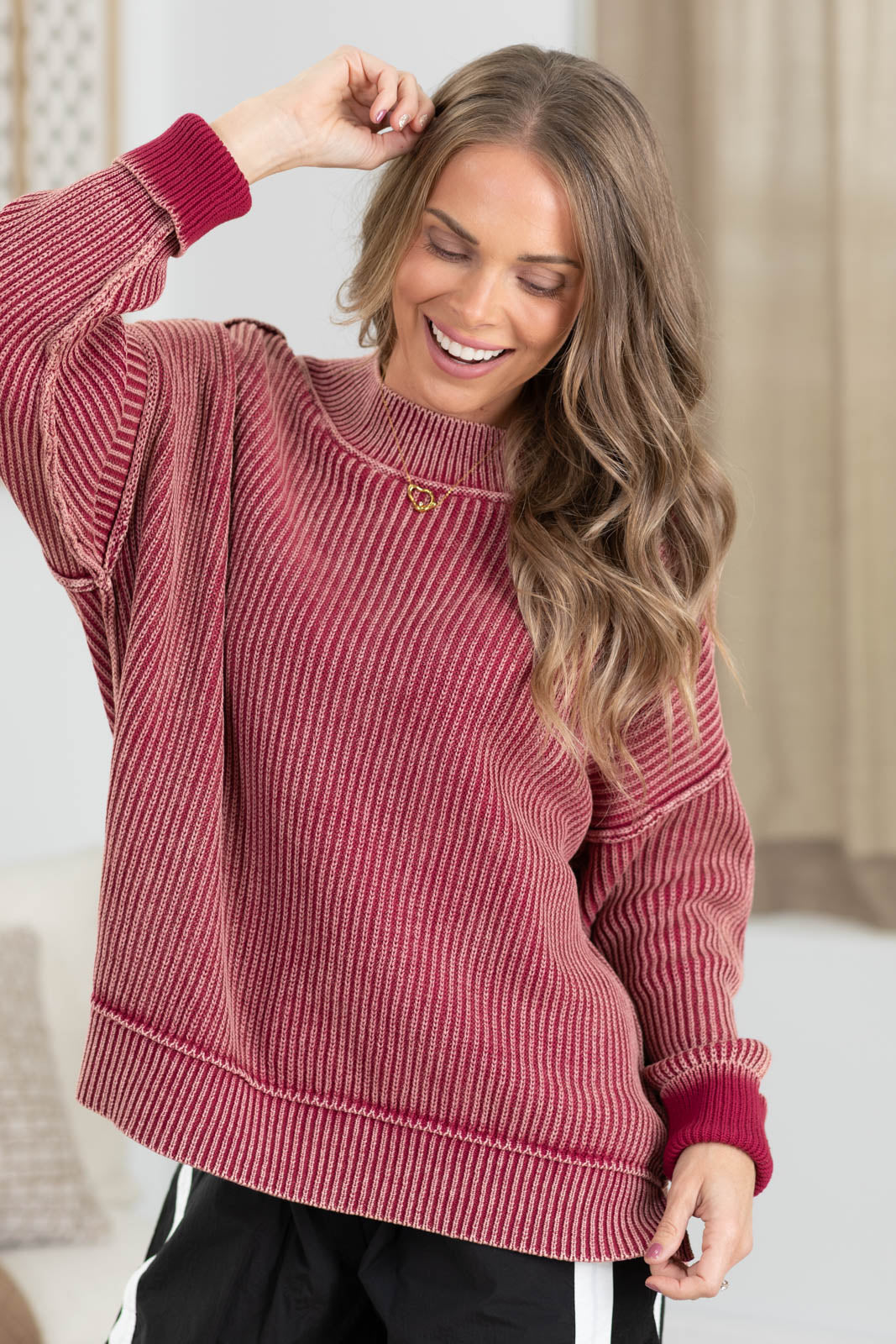 Washed Ribbed Sweater With Side Slit Detail