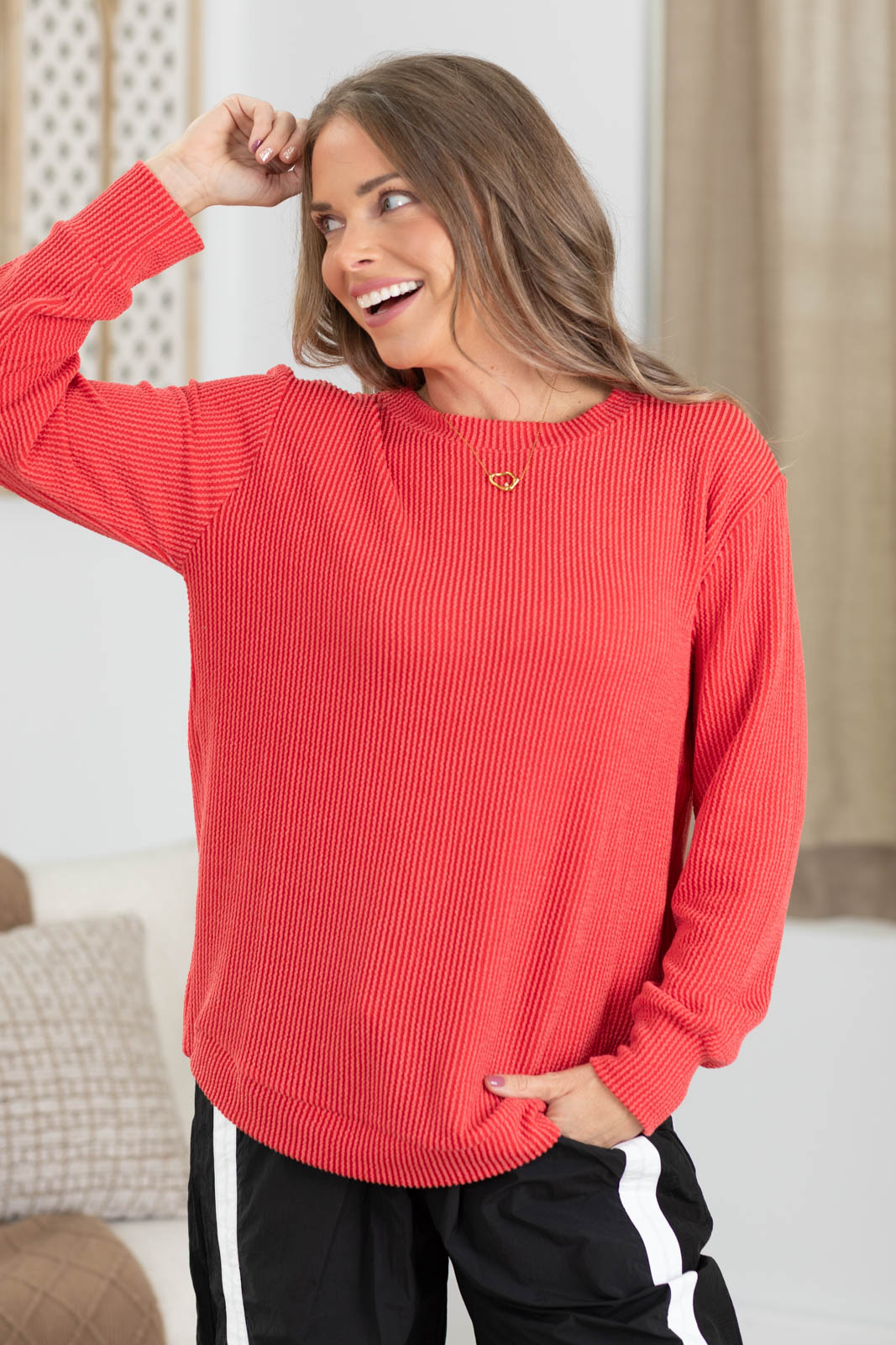 Raised Rib Curved Hem Long Sleeve Knit Top