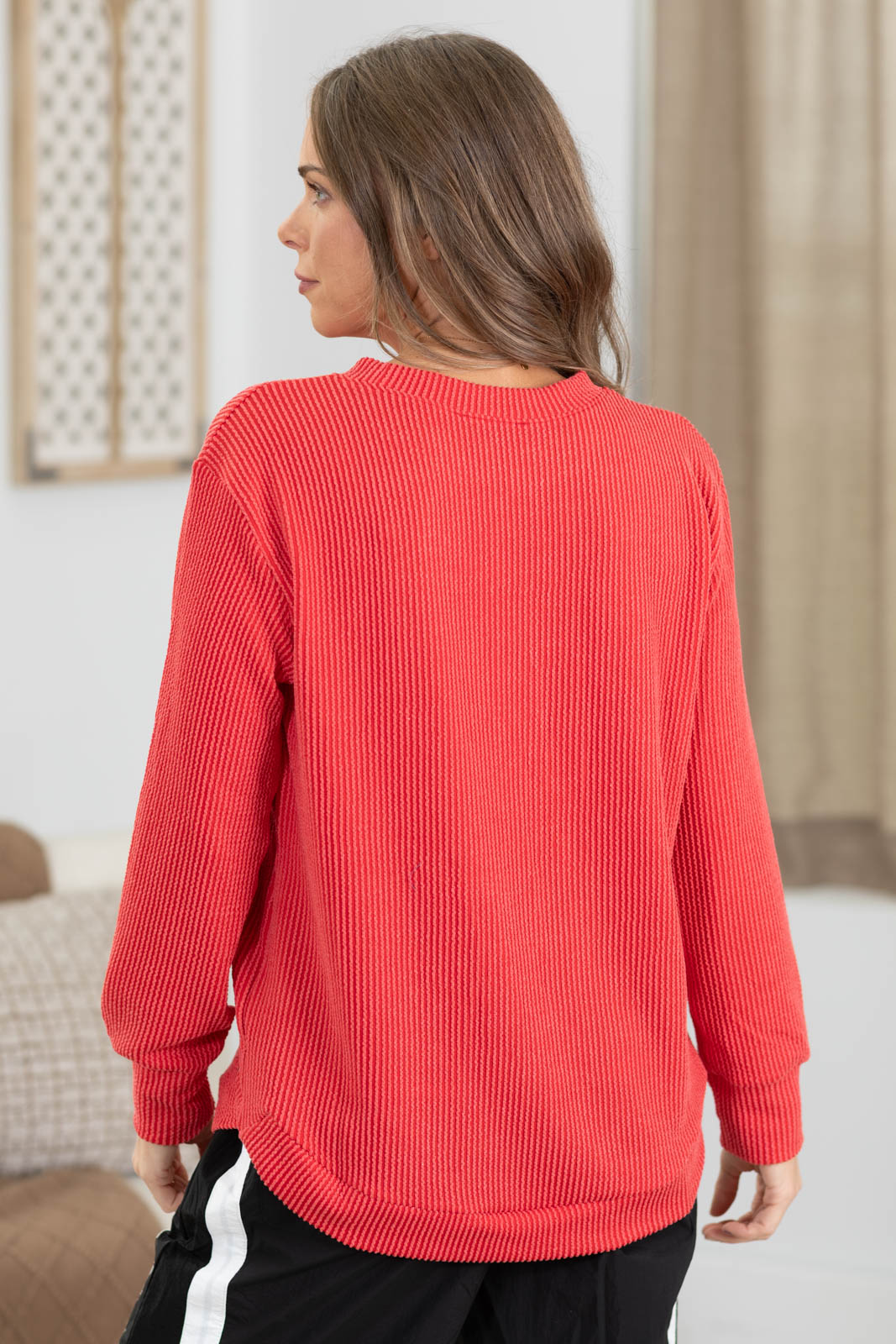 Raised Rib Curved Hem Long Sleeve Knit Top