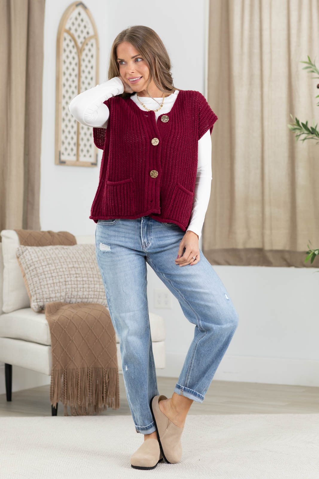 Gold Hammered Button Sweater Vest