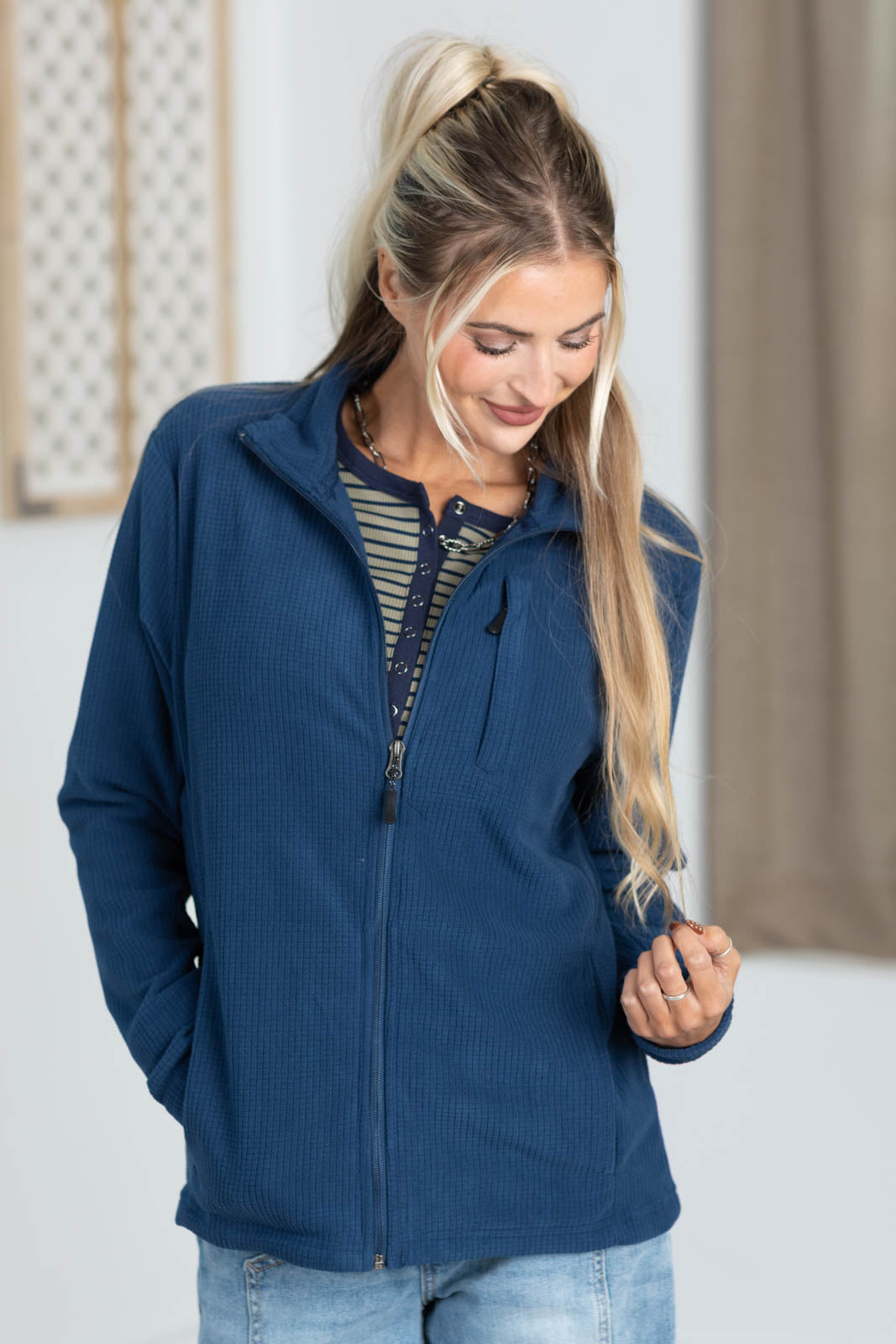 Fleece Grid Textured Full Zip Jacket