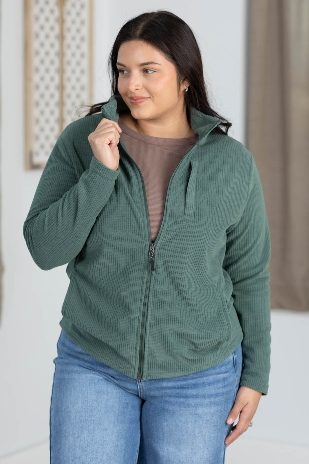 Fleece Grid Textured Full Zip Jacket