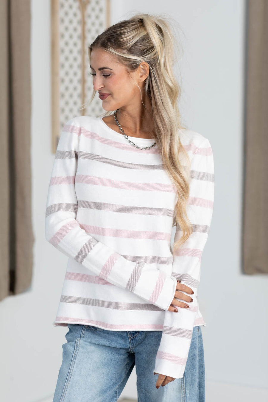 Staccato Pink And Mocha Stripe Sweater Top