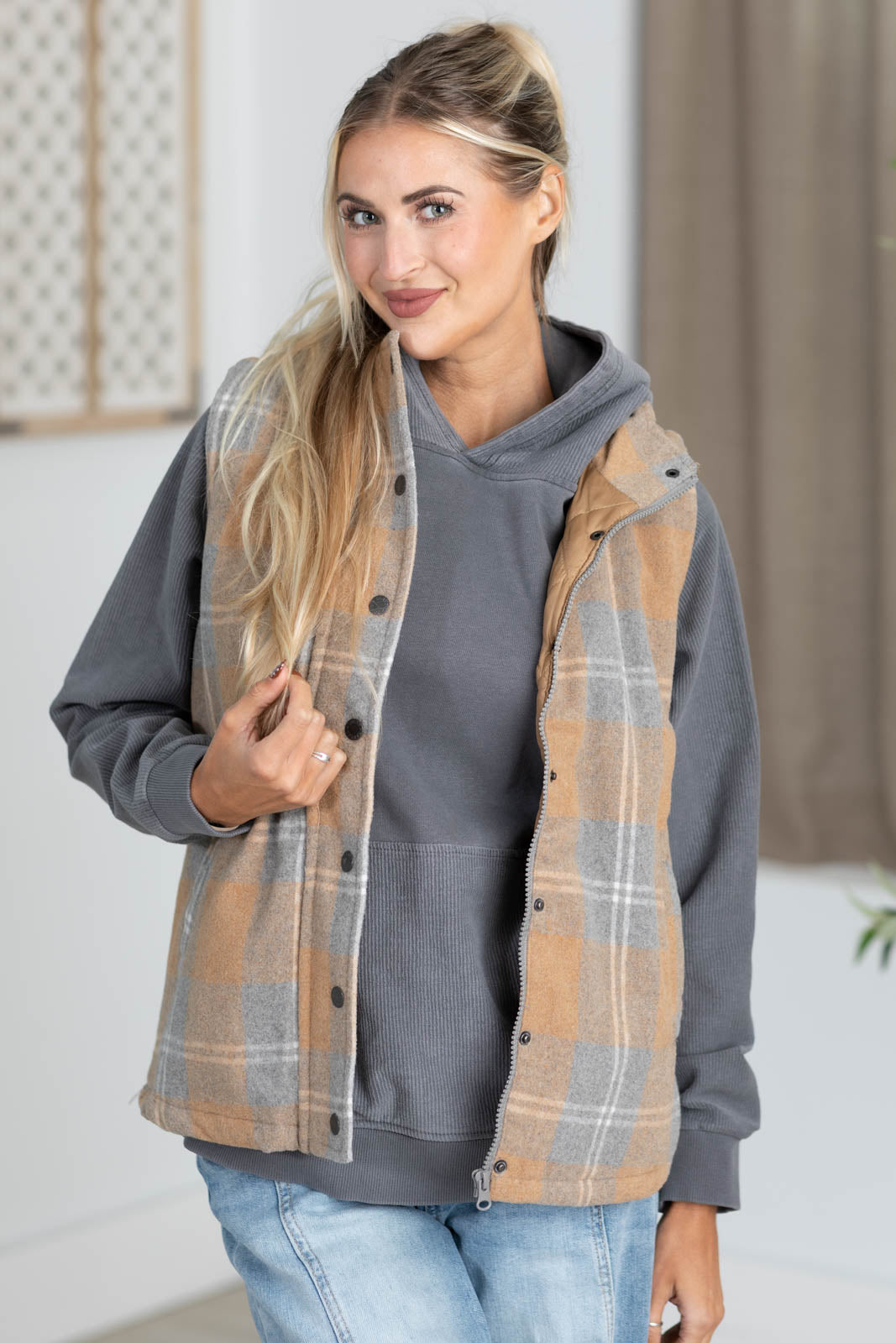 Plaid Wool Blend Vest With Pockets