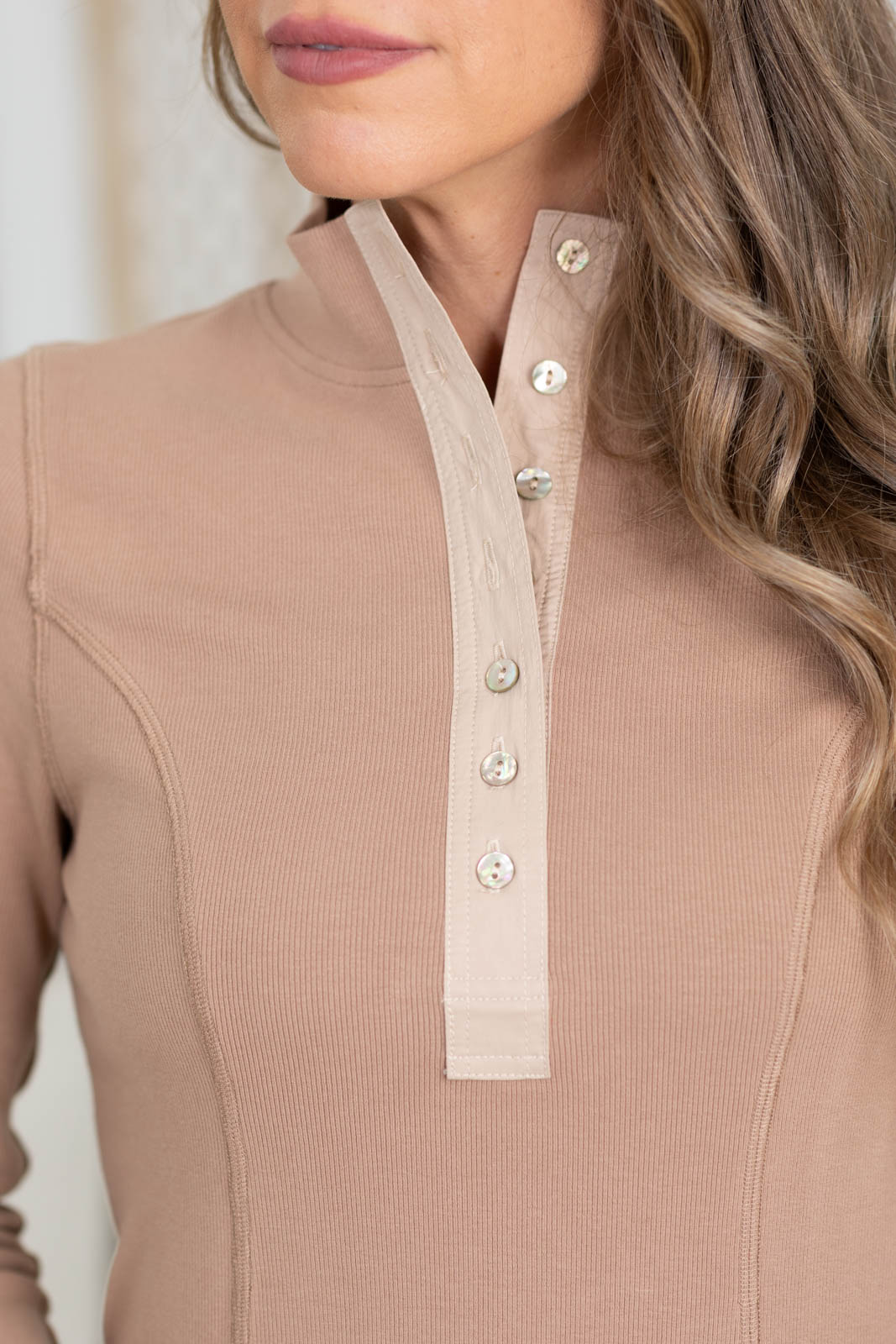 Staccato Ribbed Mock Neck Button Front Knit Top