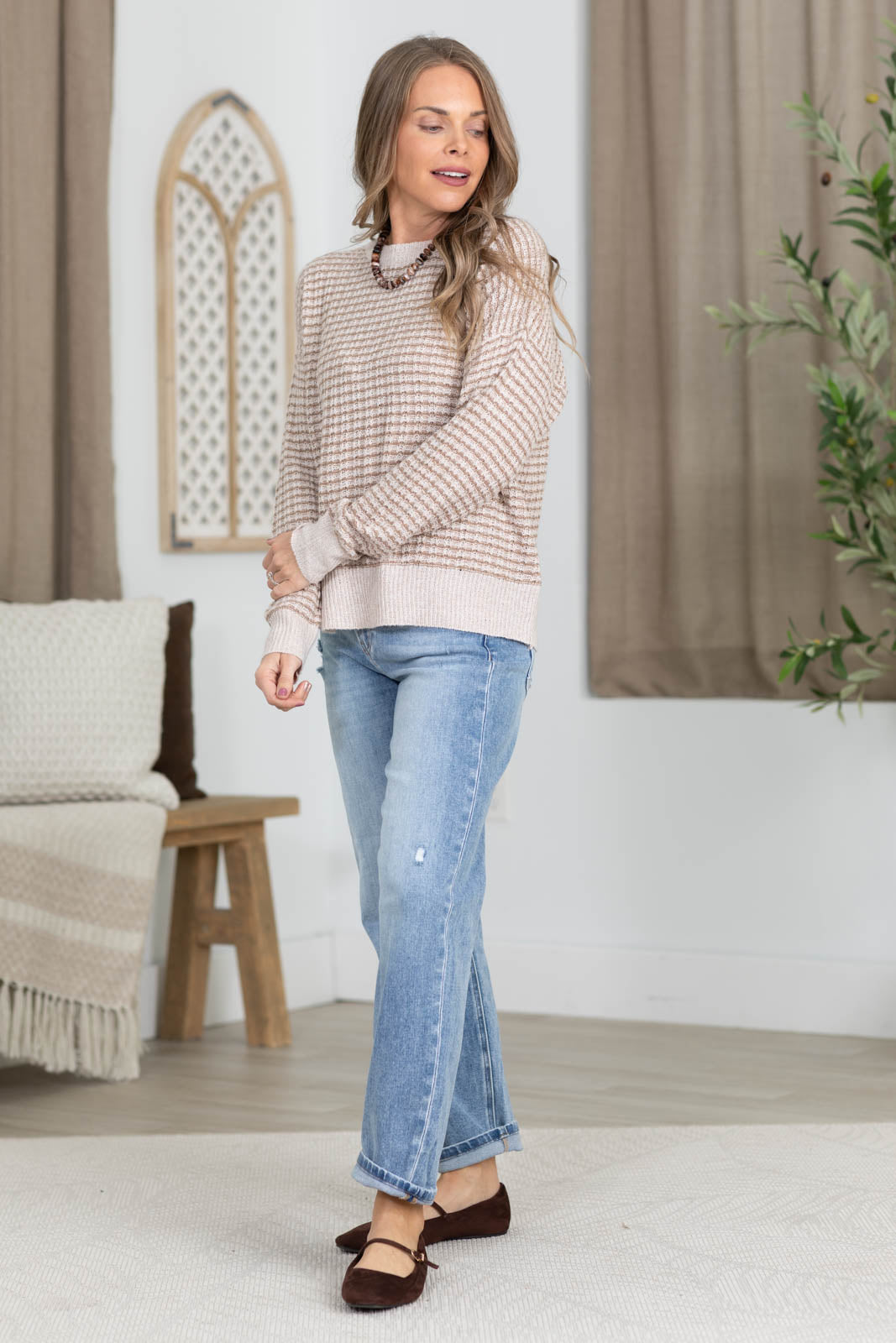 Staccato Textured Stripe Trim Contrast Sweater
