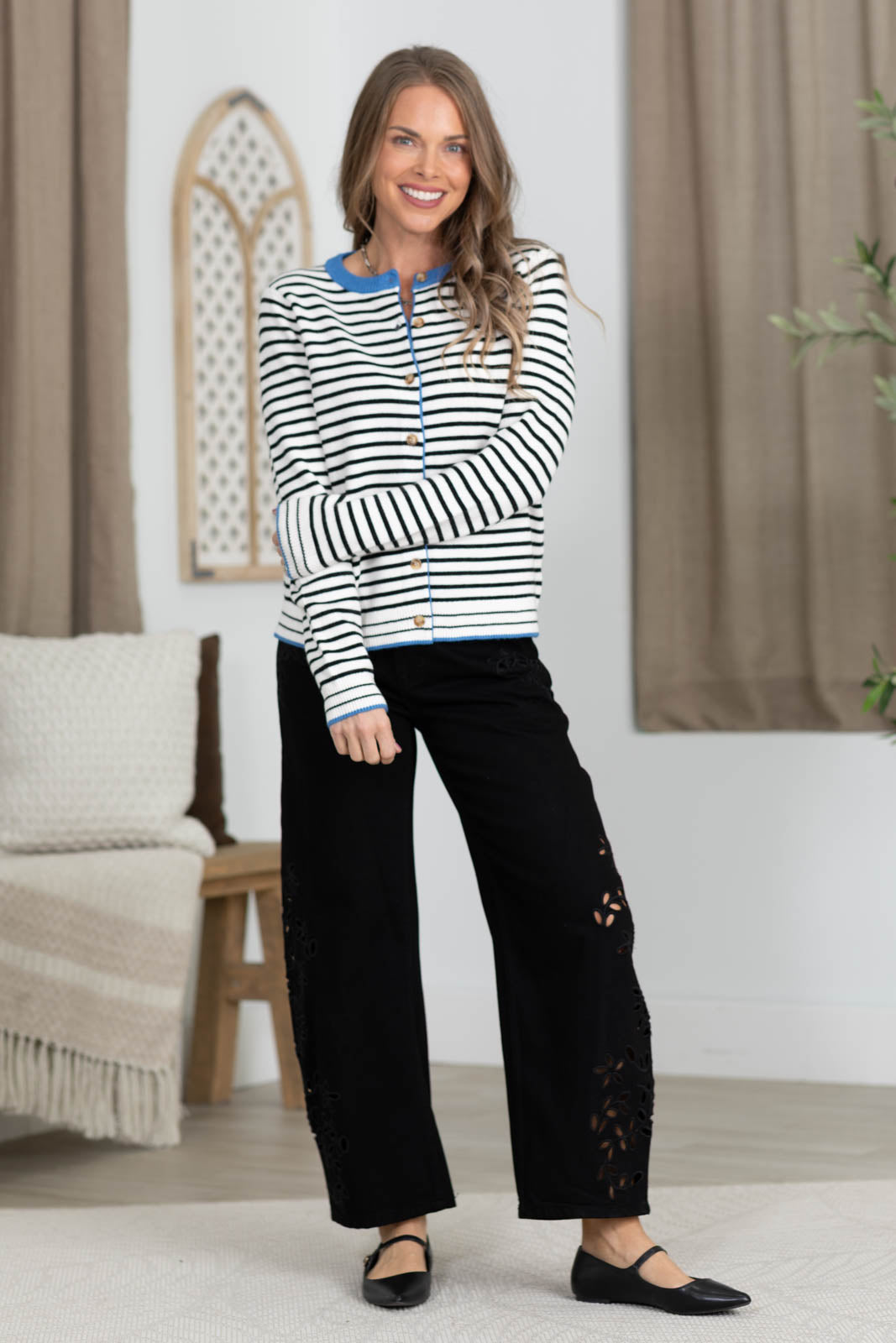 Staccato Ivory And Blue Button Down Cardigan