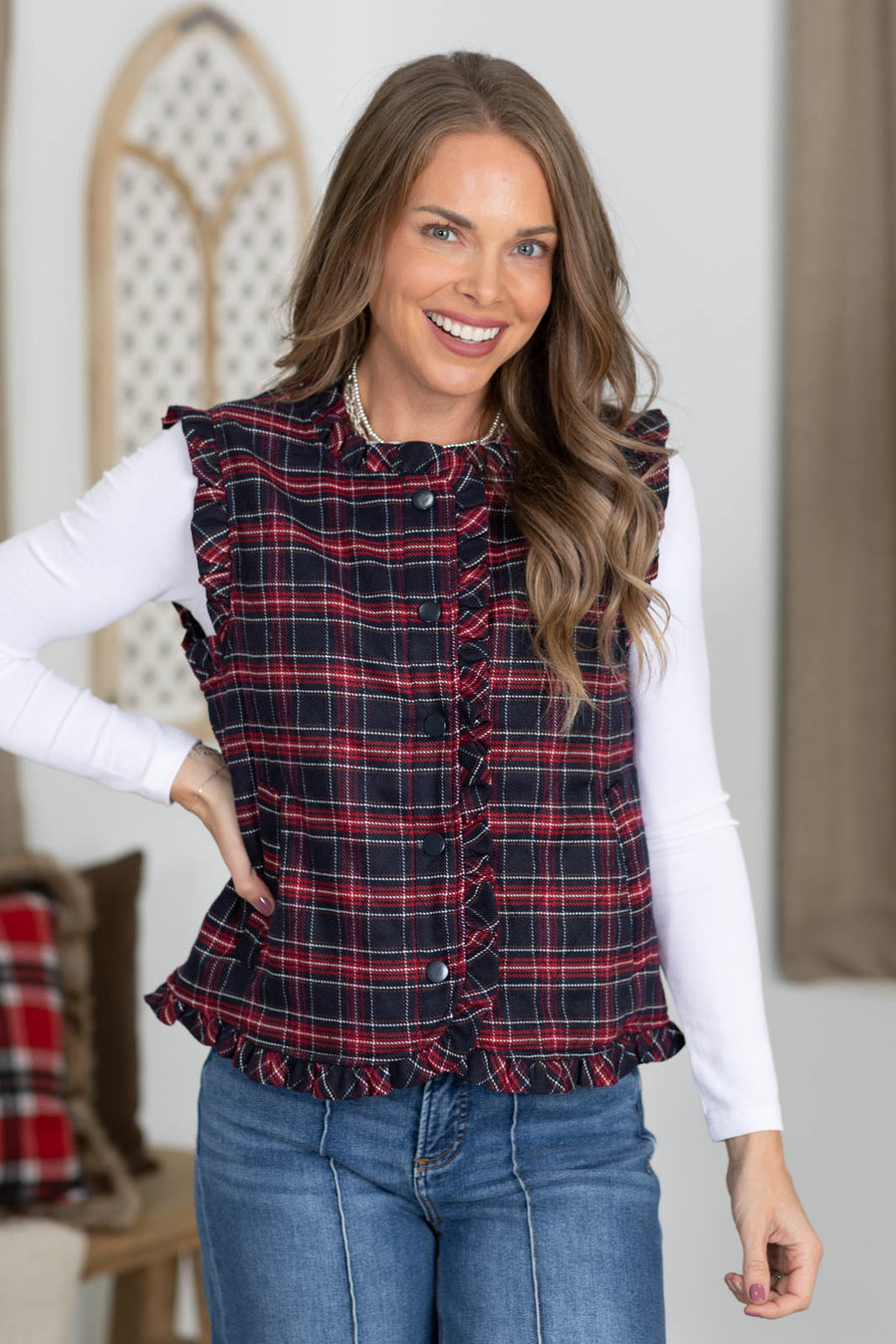 Staccato Navy And Red Plaid Frill Vest