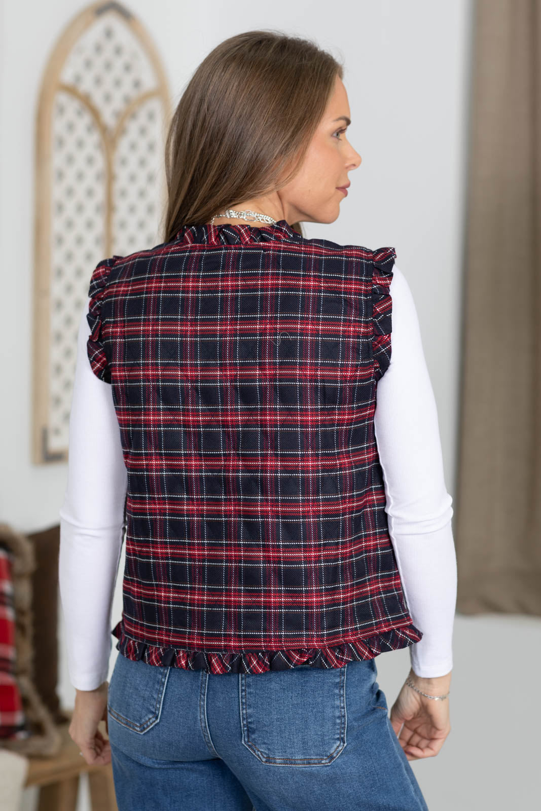 Staccato Navy And Red Plaid Frill Vest