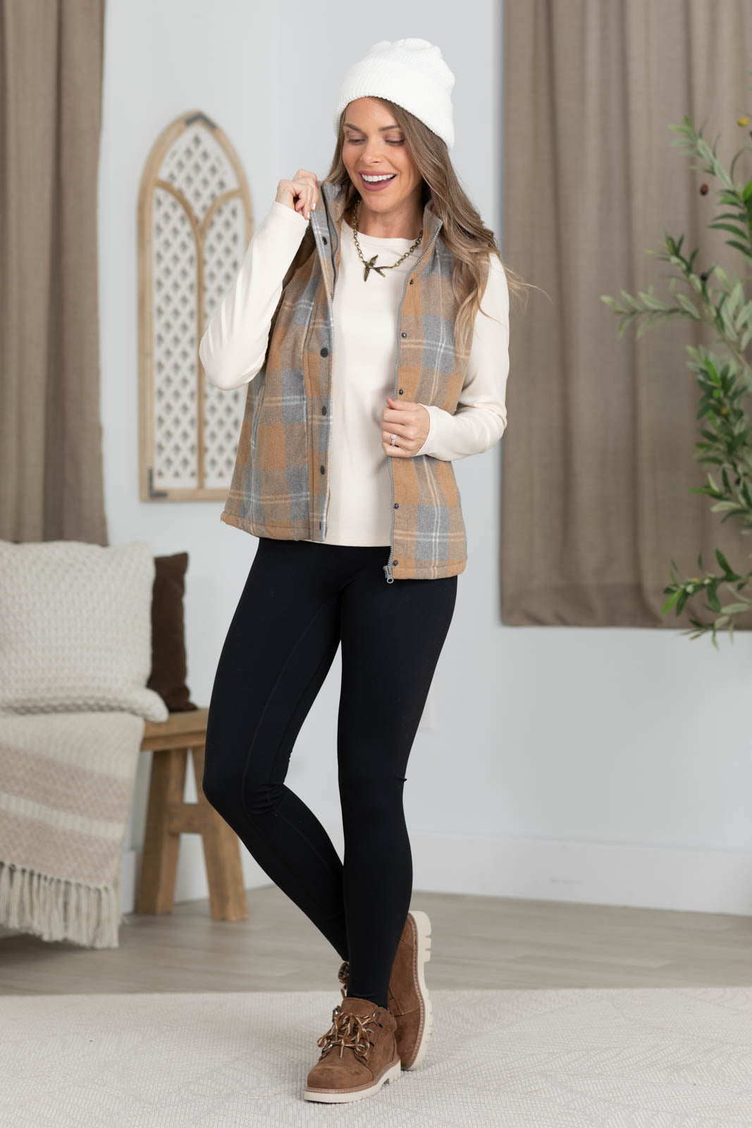 Plaid Wool Blend Vest With Pockets
