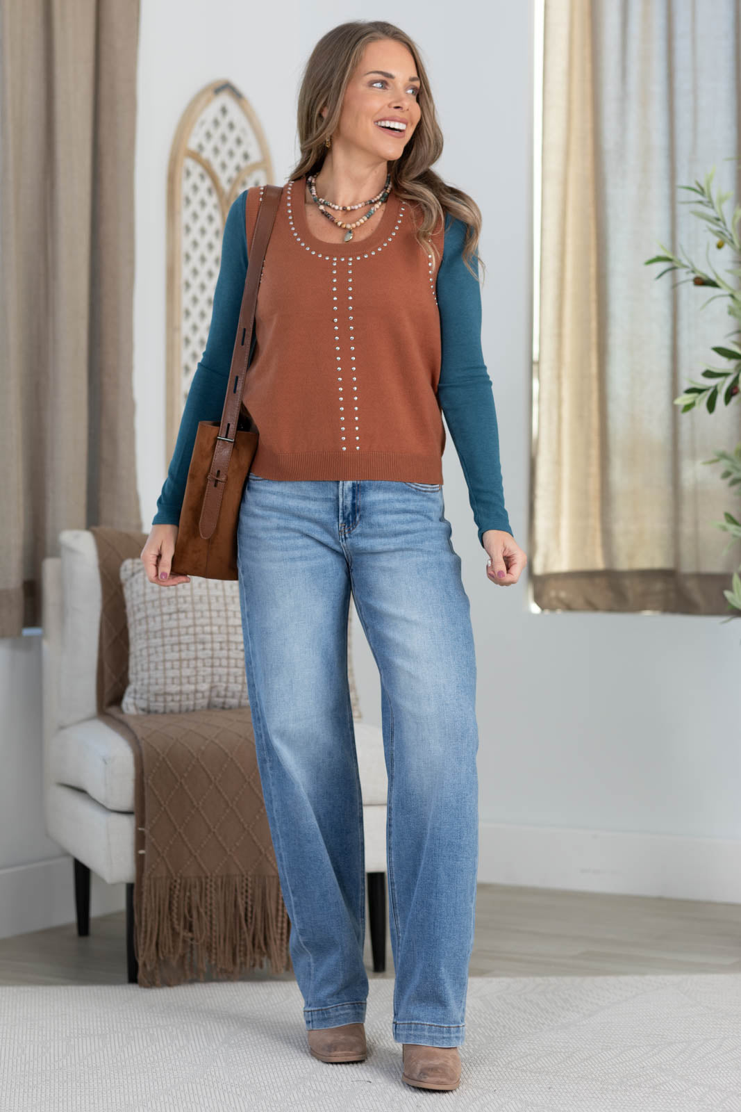 Staccato Stud Trim Scoop Neck Sweater Vest