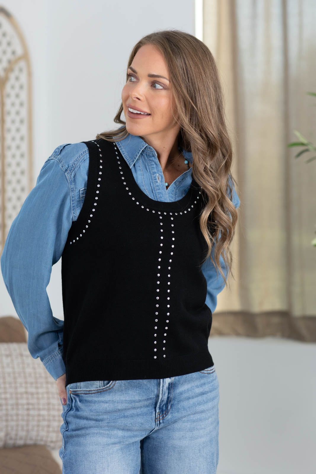 Staccato Stud Trim Scoop Neck Sweater Vest