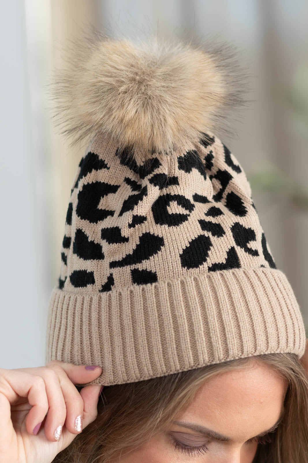 Animal Print Beanie With Pom