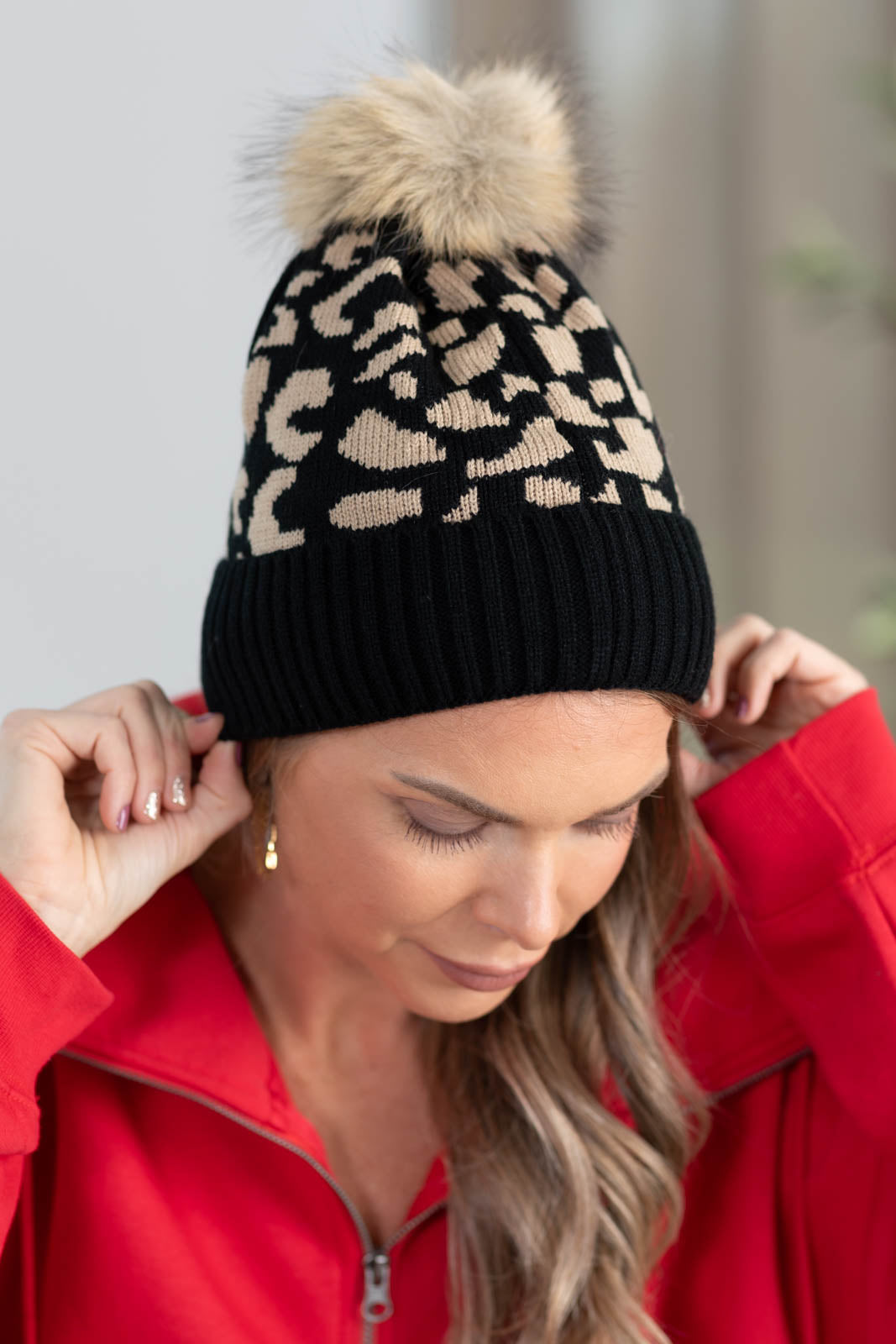 Animal Print Beanie With Pom