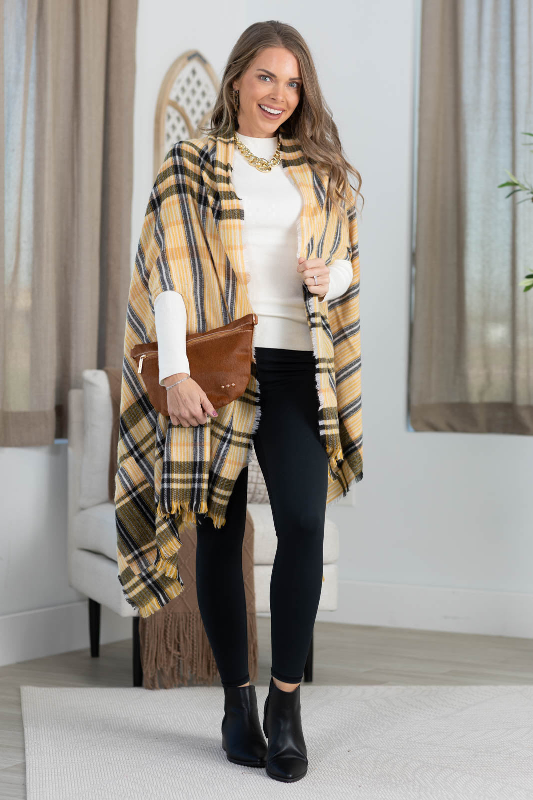 Plaid Kimono With Fringe And Pockets