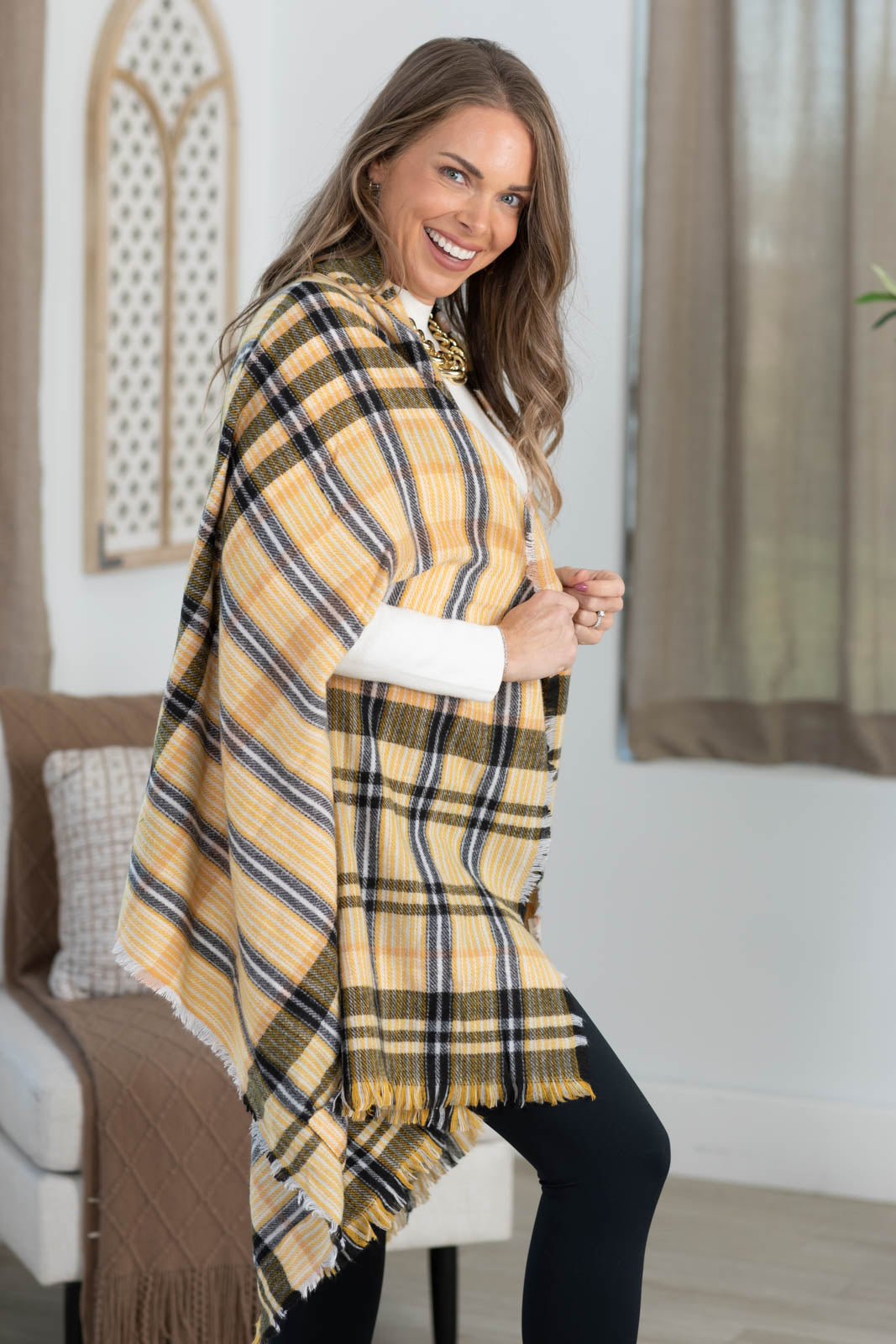Plaid Kimono With Fringe And Pockets