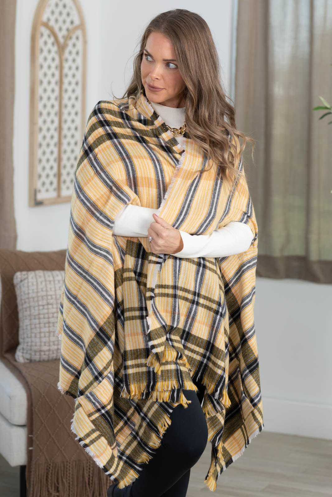 Plaid Kimono With Fringe And Pockets