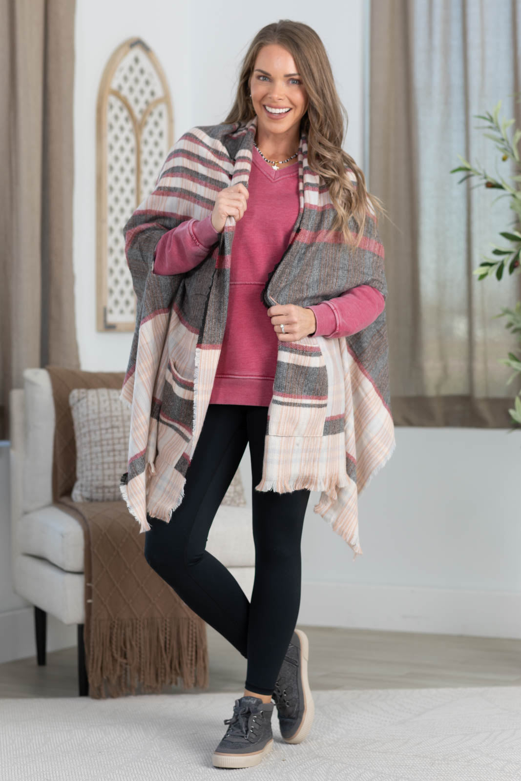Plaid Kimono With Fringe And Pockets
