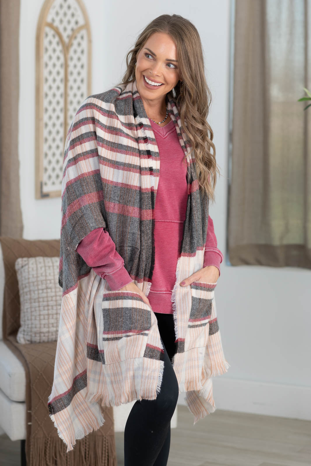 Plaid Kimono With Fringe And Pockets