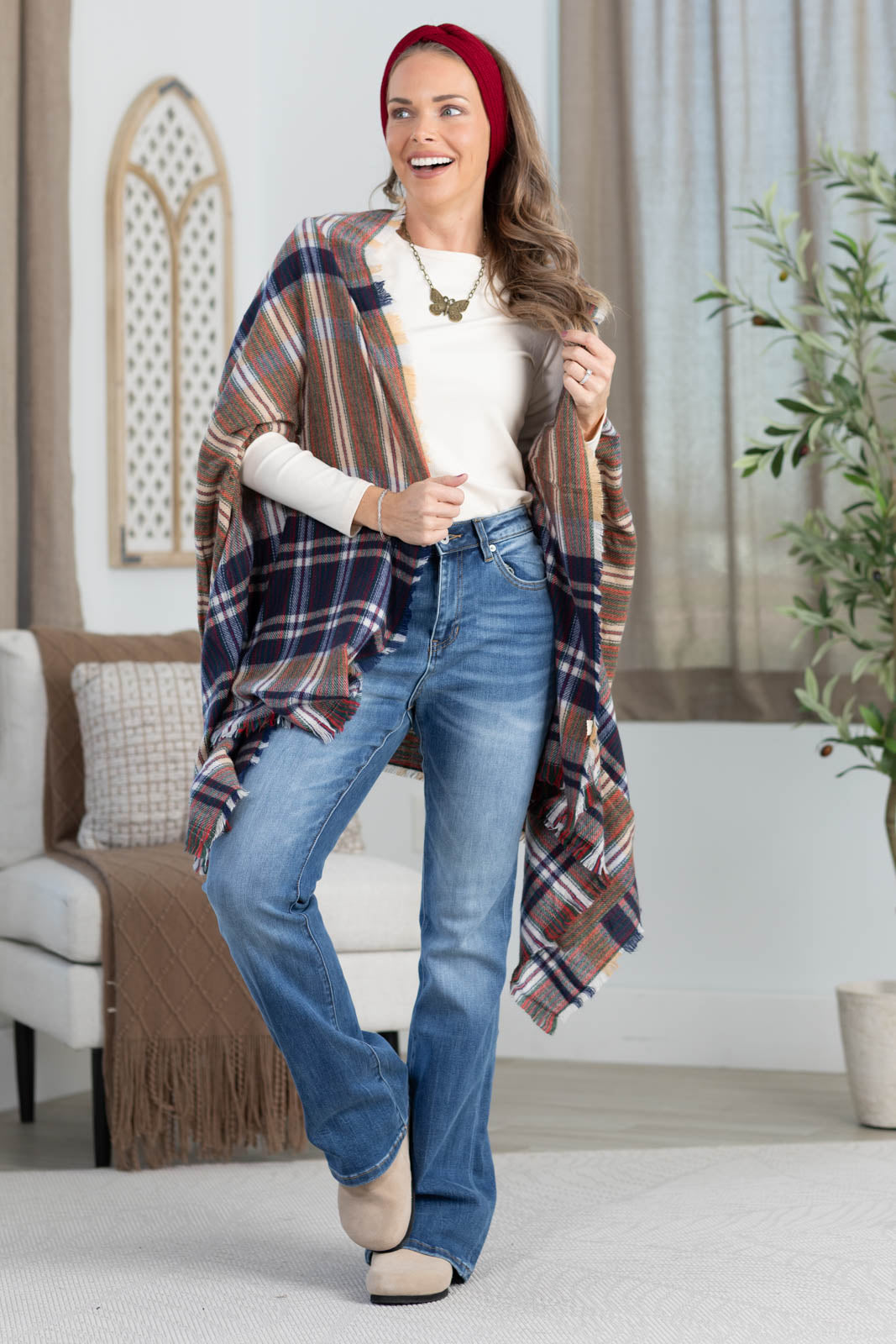 Plaid Kimono With Fringe And Pockets