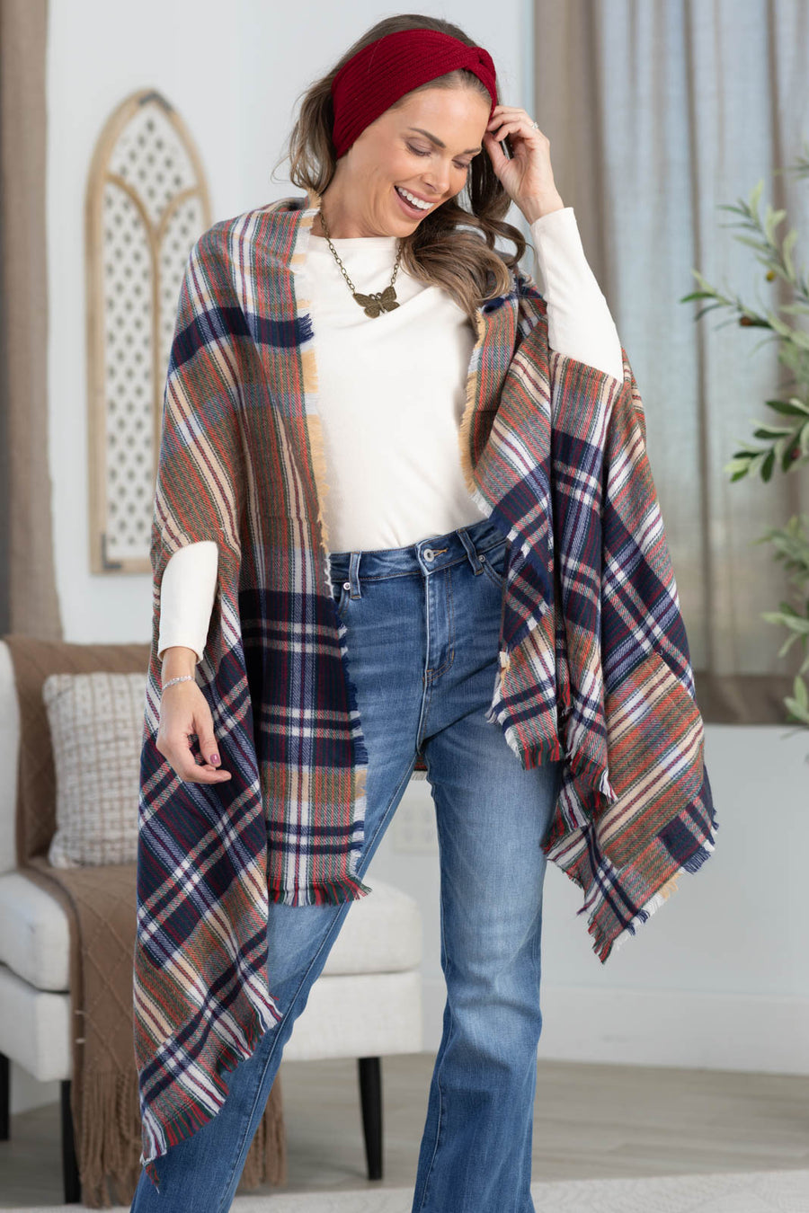 Plaid Kimono With Fringe And Pockets