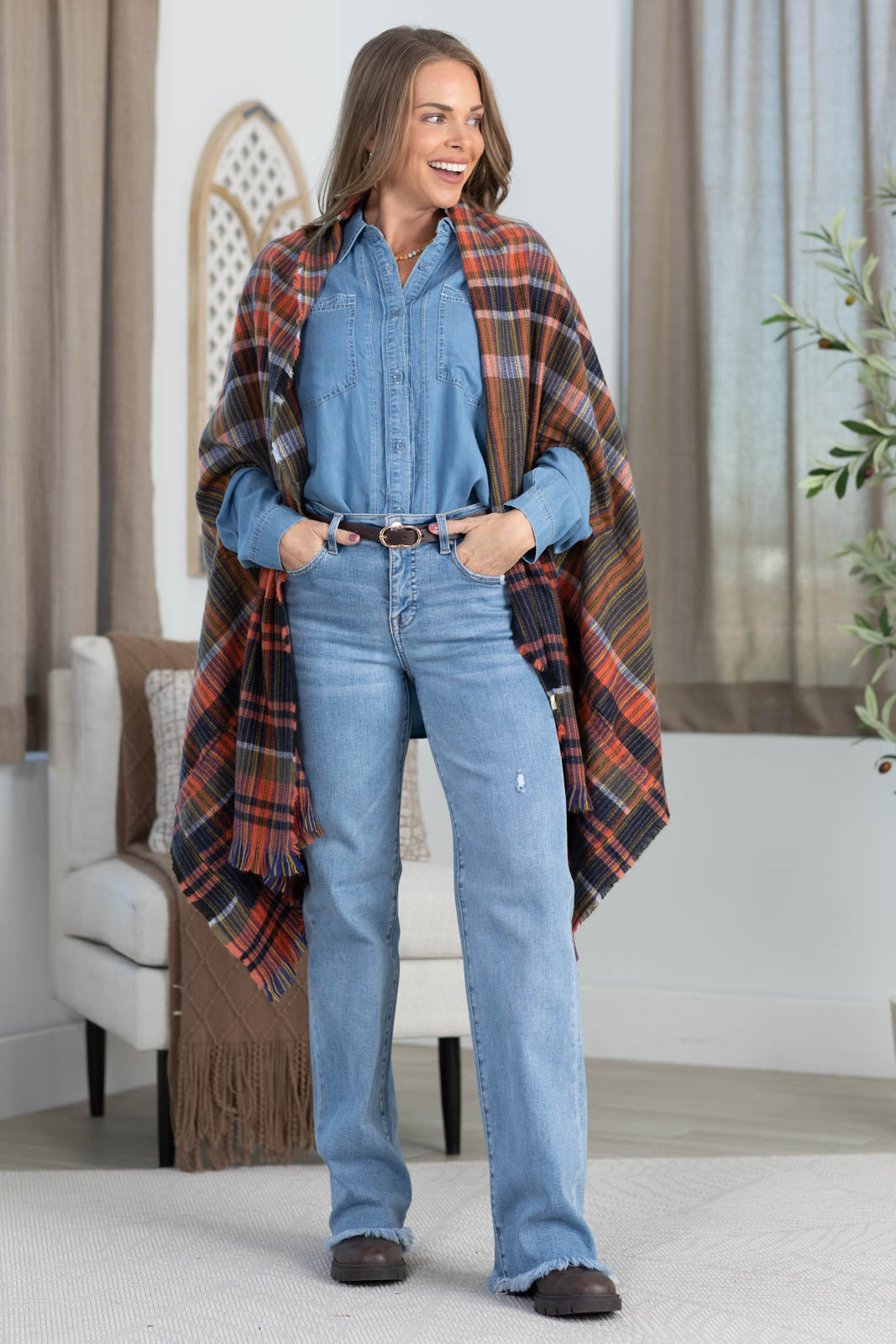 Plaid Kimono With Fringe And Pockets