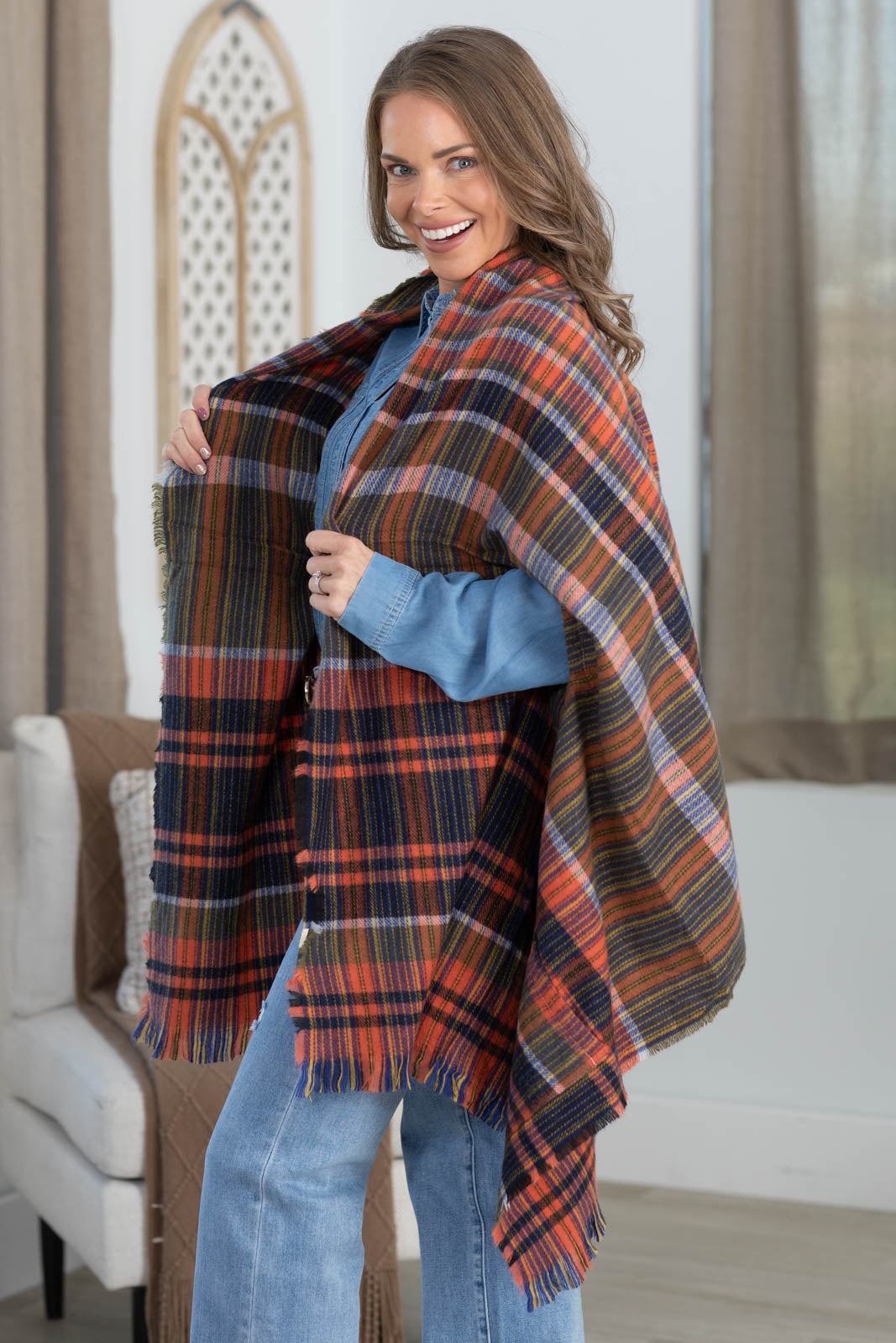 Plaid Kimono With Fringe And Pockets
