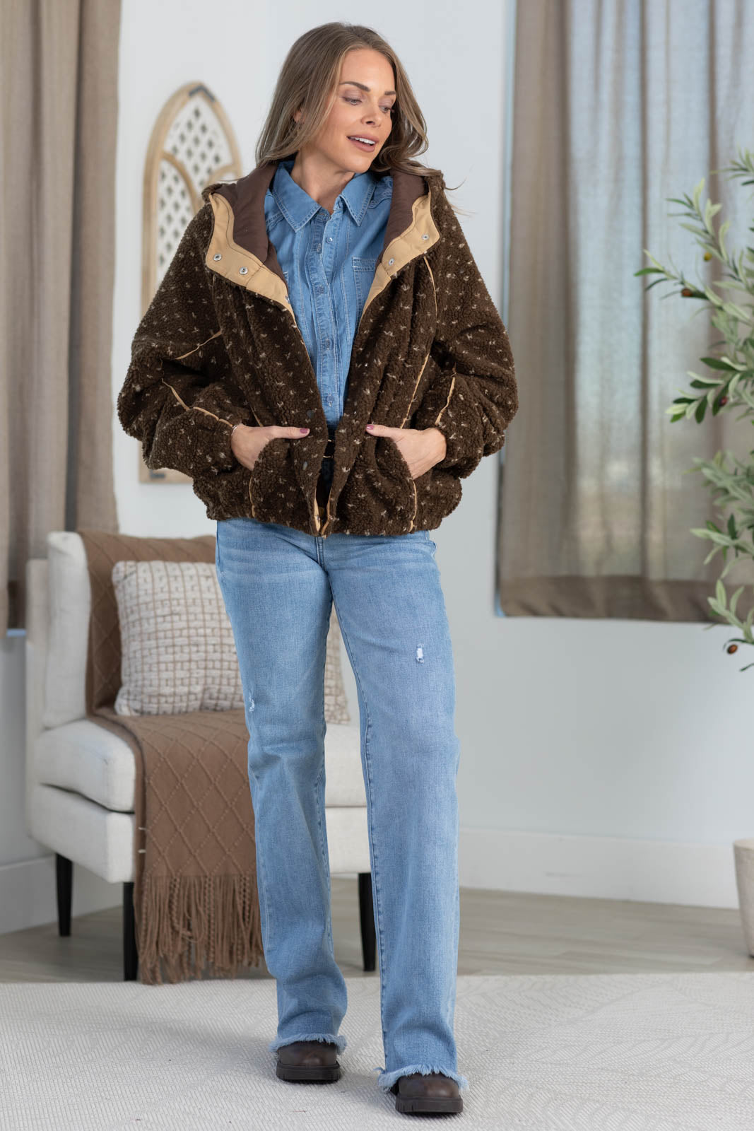 Brown Heart Print Sherpa Hoodie Jacket