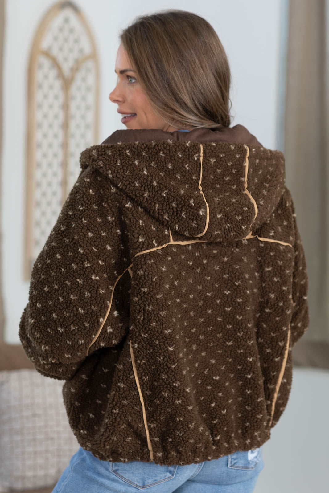 Brown Heart Print Sherpa Hoodie Jacket