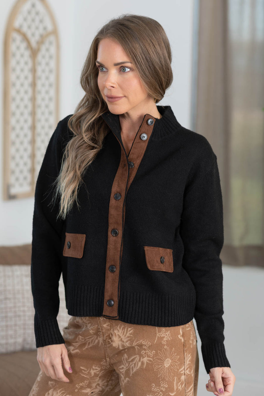 Staccato Mock Neck Suede Trim Sweater Jacket
