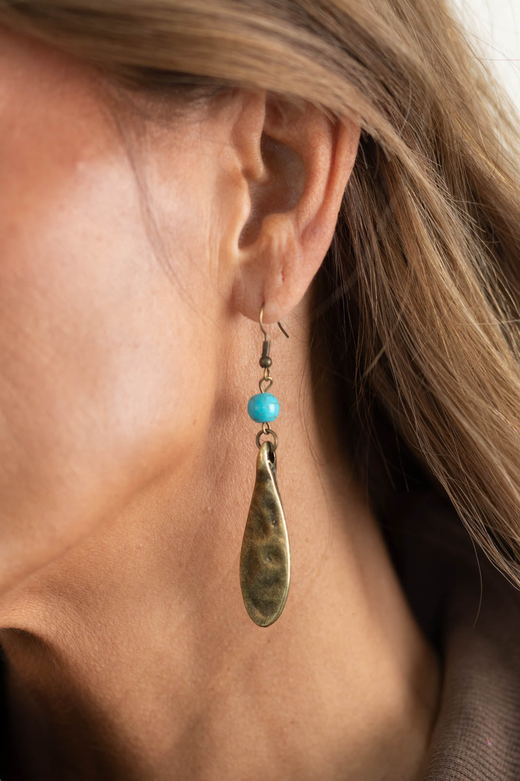 Turquoise Bead Bronze Fish Hook Earrings