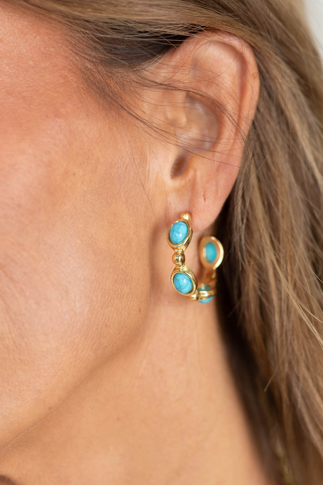 Gold With Oval Turquoise Stone Earrings