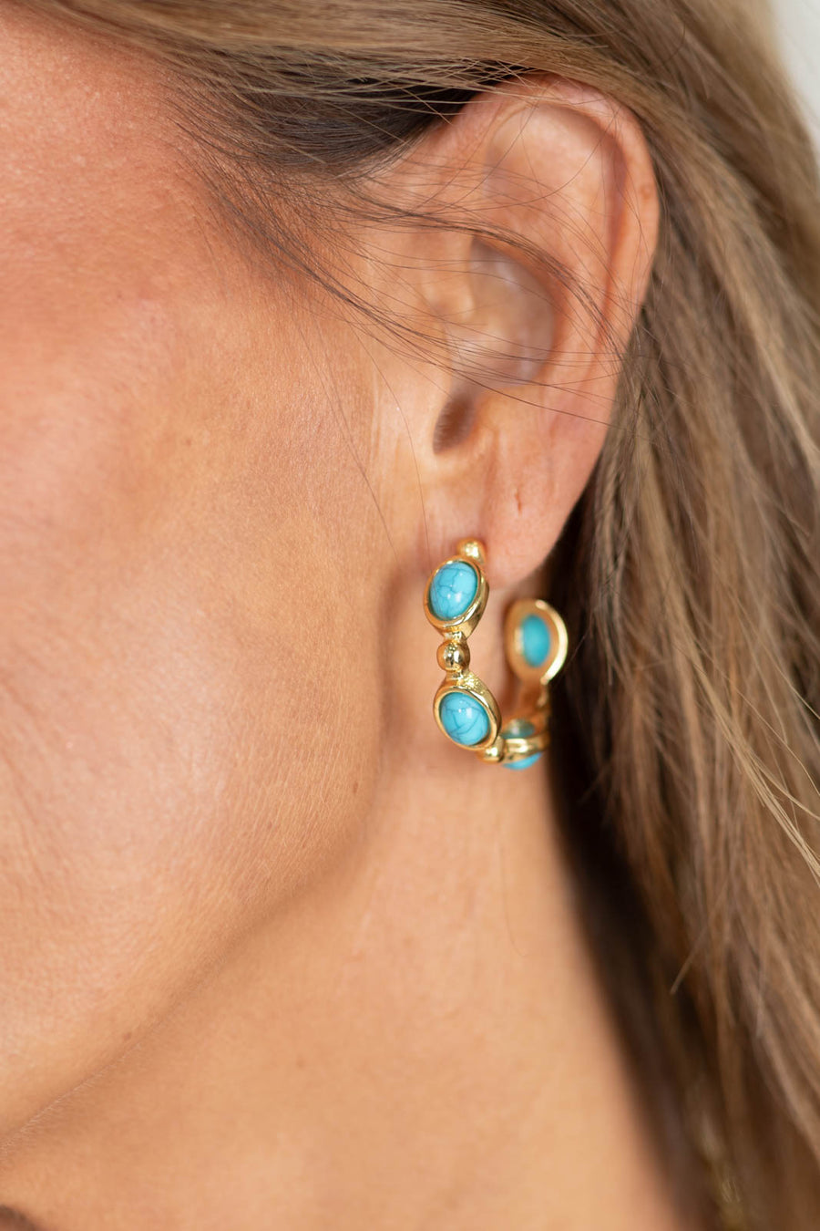 Gold With Oval Turquoise Stone Earrings