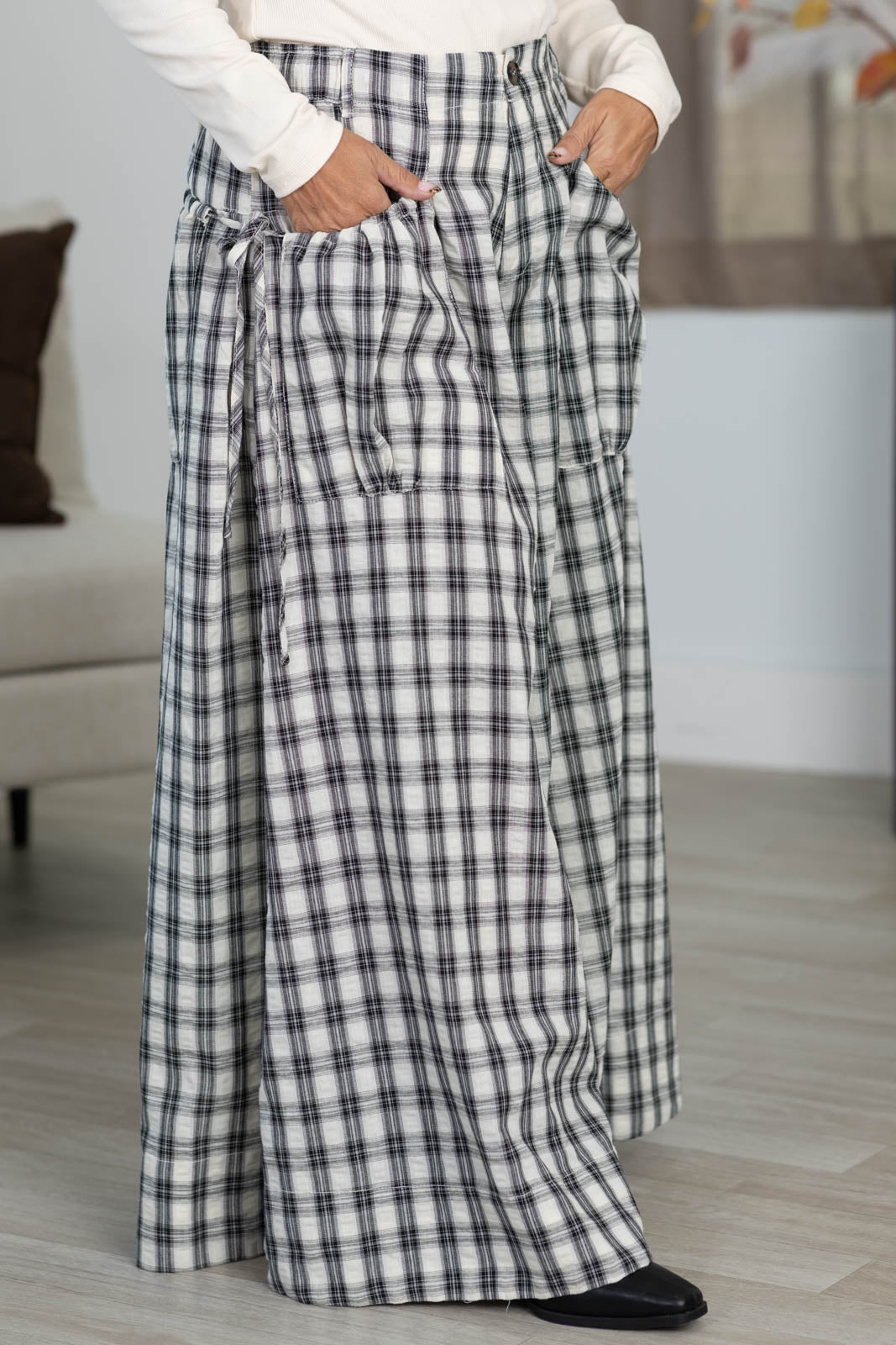 Cotierra Black Plaid Checker Wide Leg Pants- 100% Cotton