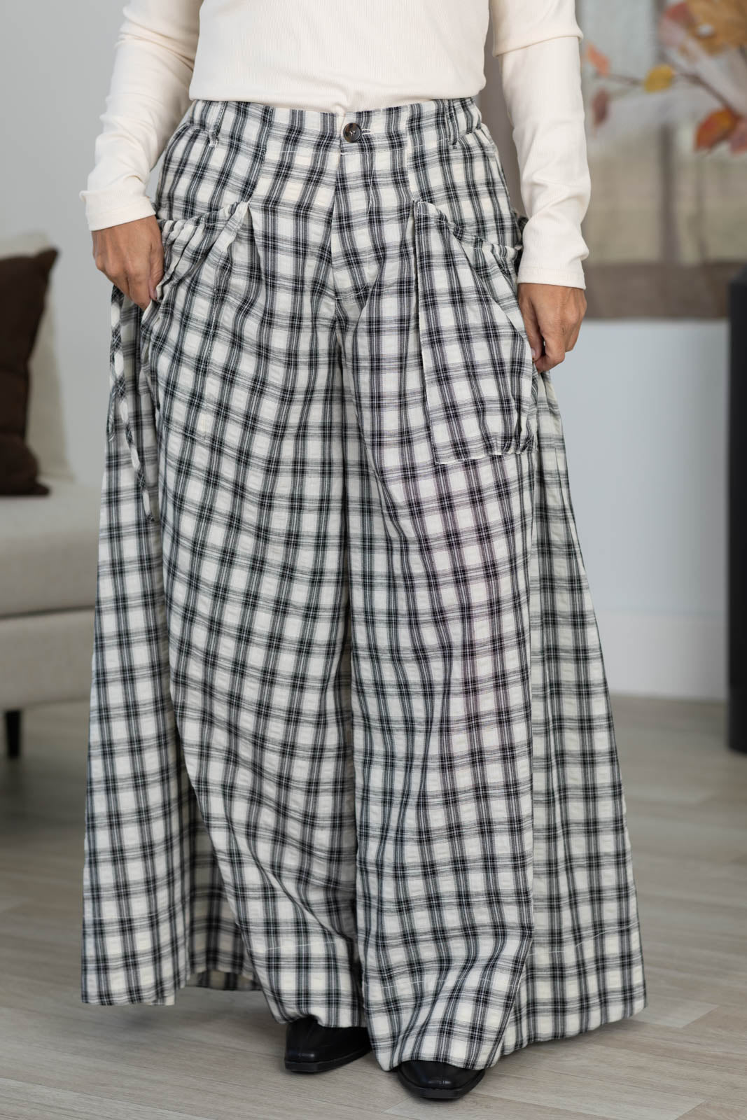 Cotierra Black Plaid Checker Wide Leg Pants- 100% Cotton