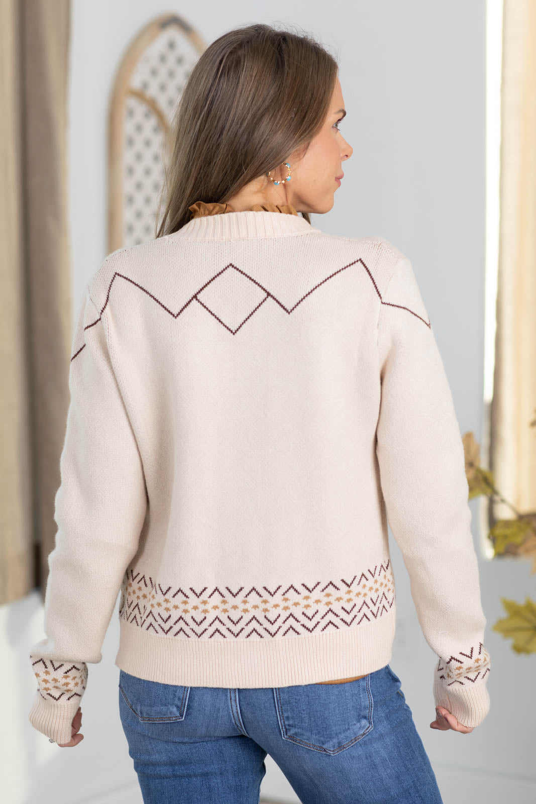 Oatmeal Button Down Cardigan With Horse