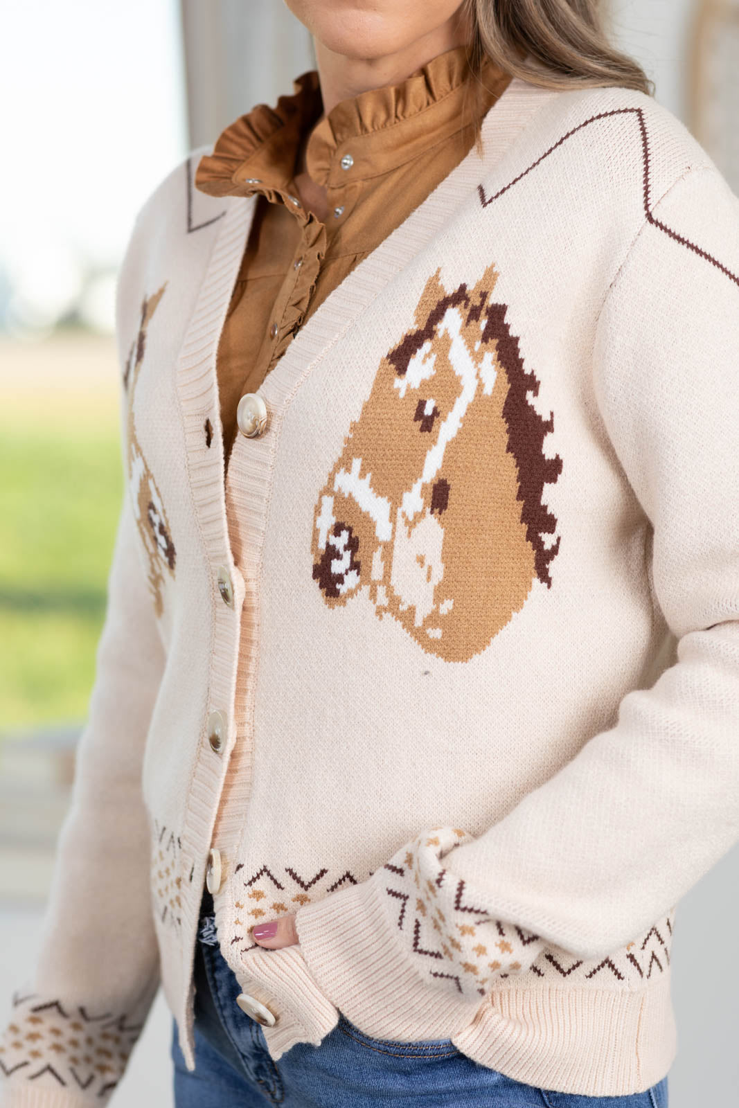 Oatmeal Button Down Cardigan With Horse