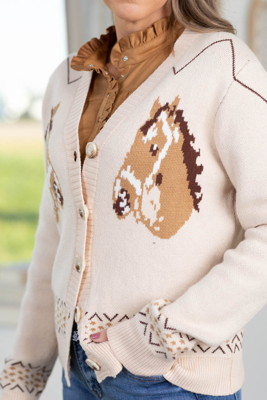 Oatmeal Button Down Cardigan With Horse