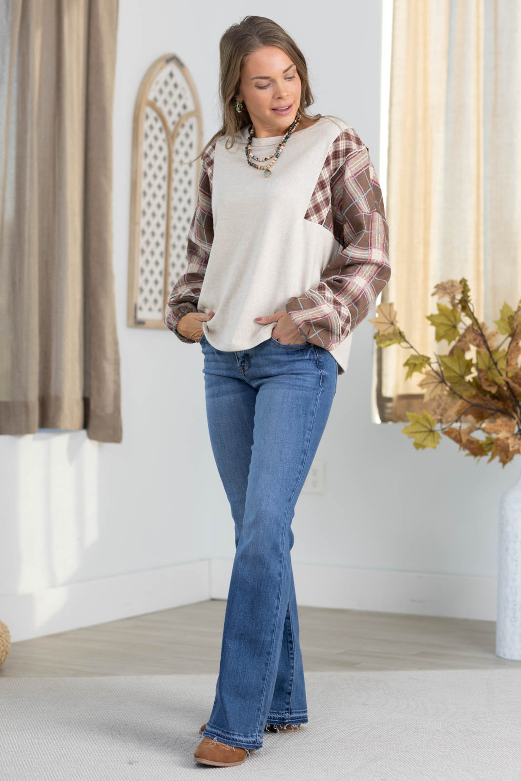 Oatmeal Contrast Plaid Long Sleeve Knit Top