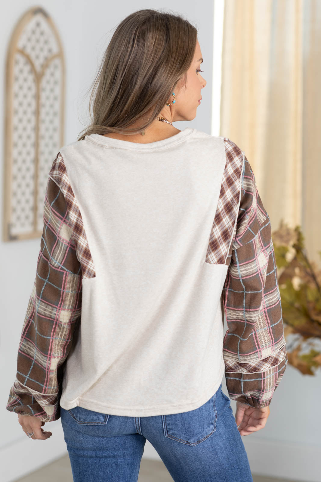 Oatmeal Contrast Plaid Long Sleeve Knit Top