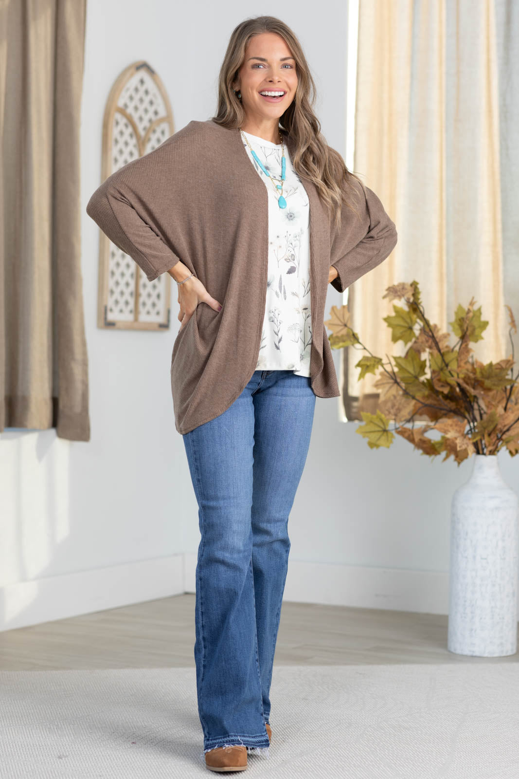 Taupe Rib Knit Batwing Sleeve Open Cardigan