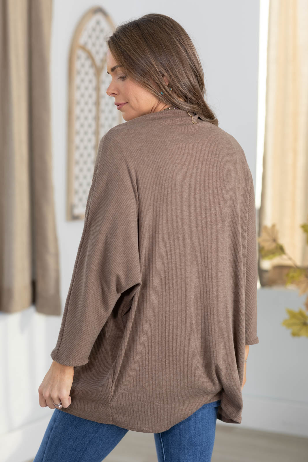 Taupe Rib Knit Batwing Sleeve Open Cardigan