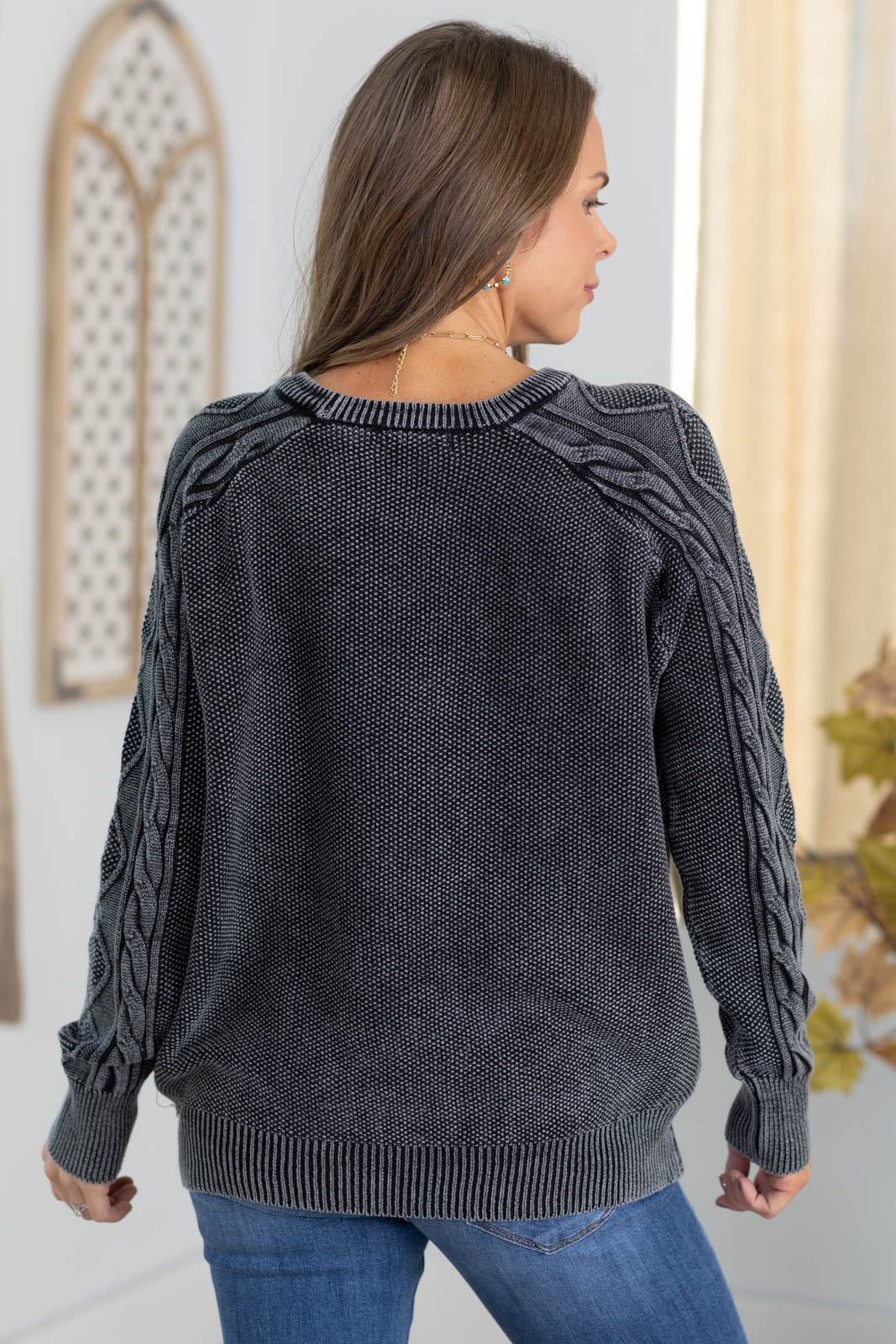 Stone Washed Cable Sleeve Detail Sweater