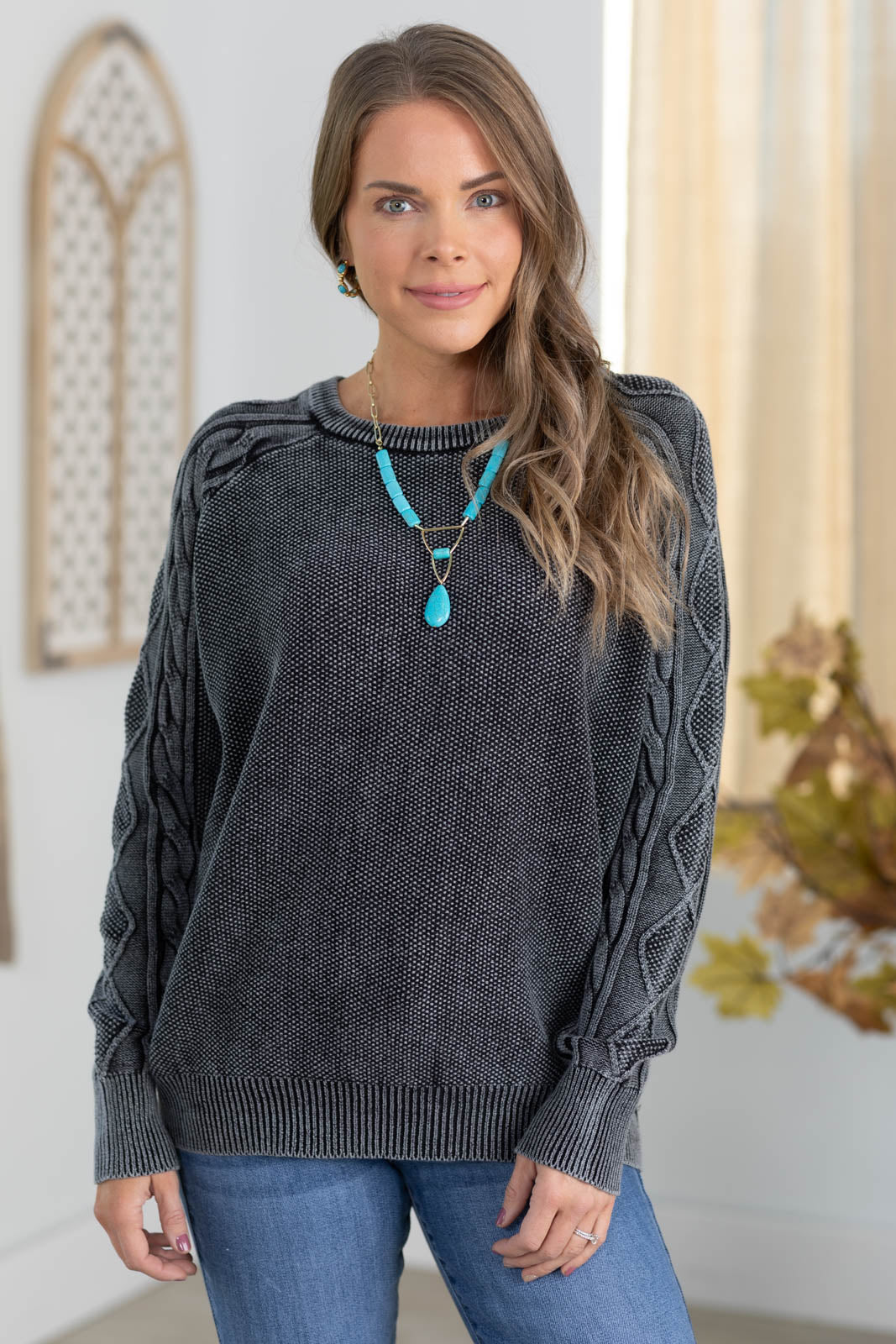 Stone Washed Cable Sleeve Detail Sweater