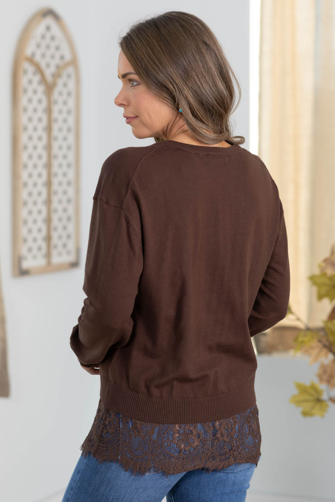 Lace-Hem V-Neck Sweater Top