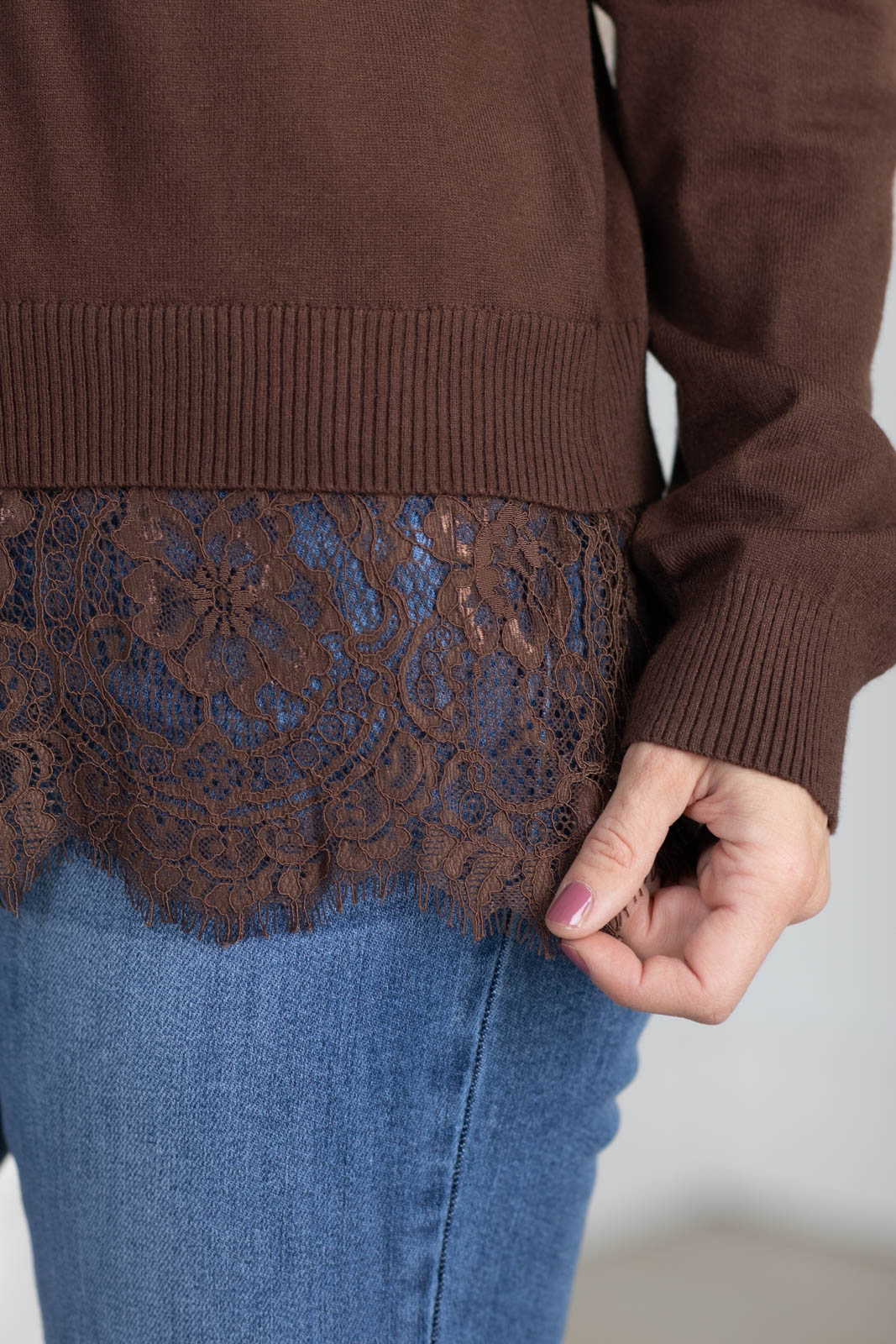 Lace-Hem V-Neck Sweater Top