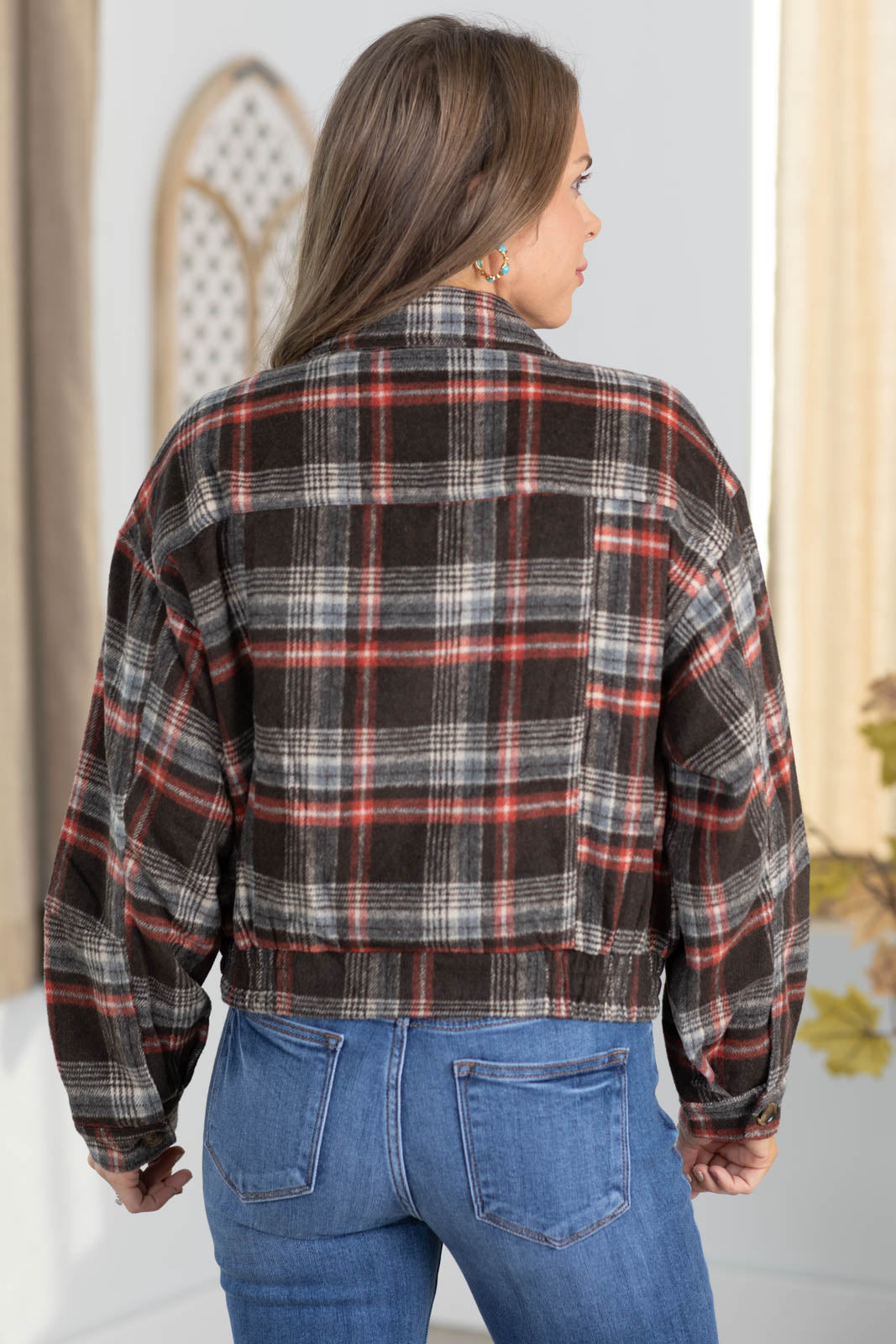 Brushed Plaid Collared Zip Up Jacket