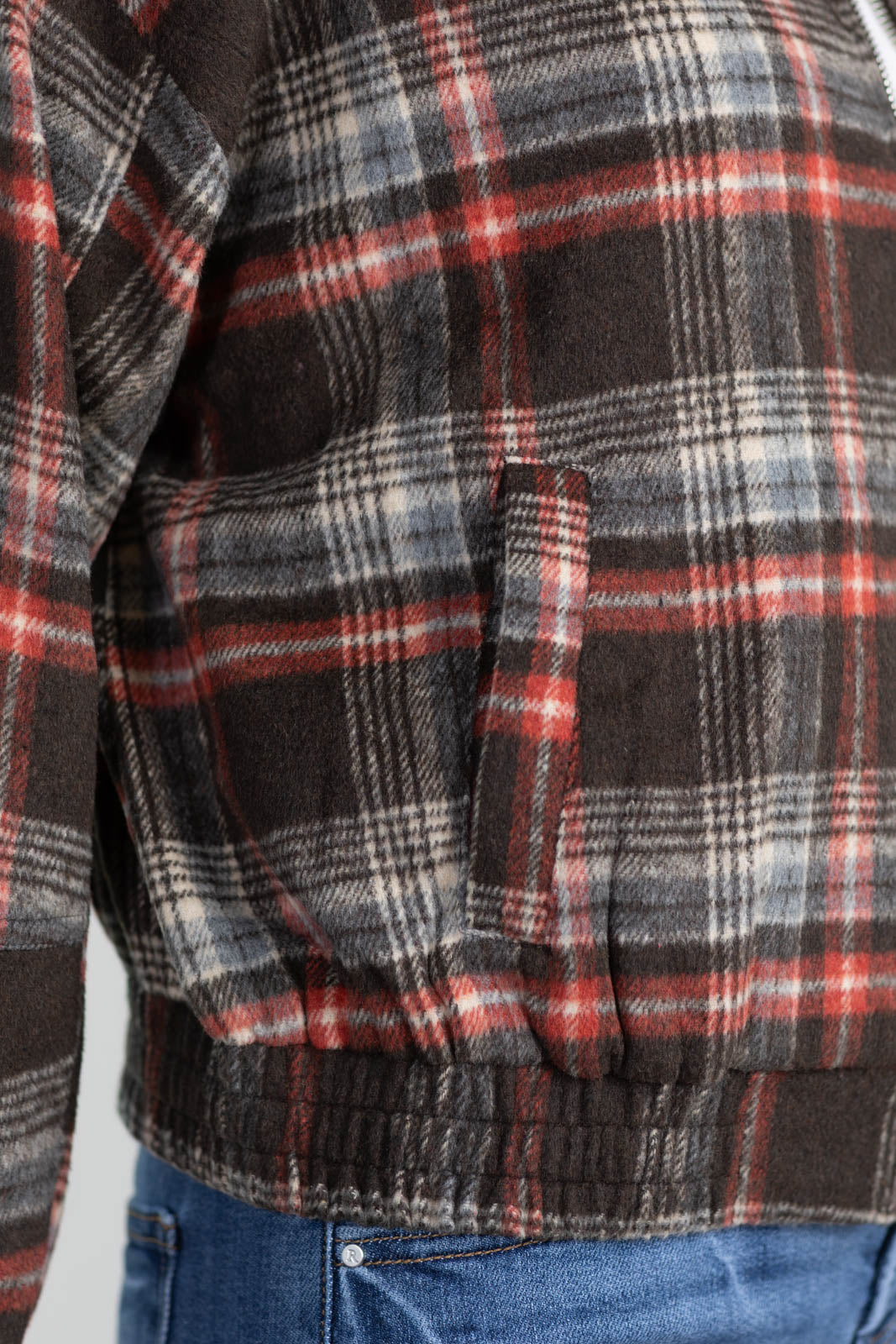 Brushed Plaid Collared Zip Up Jacket